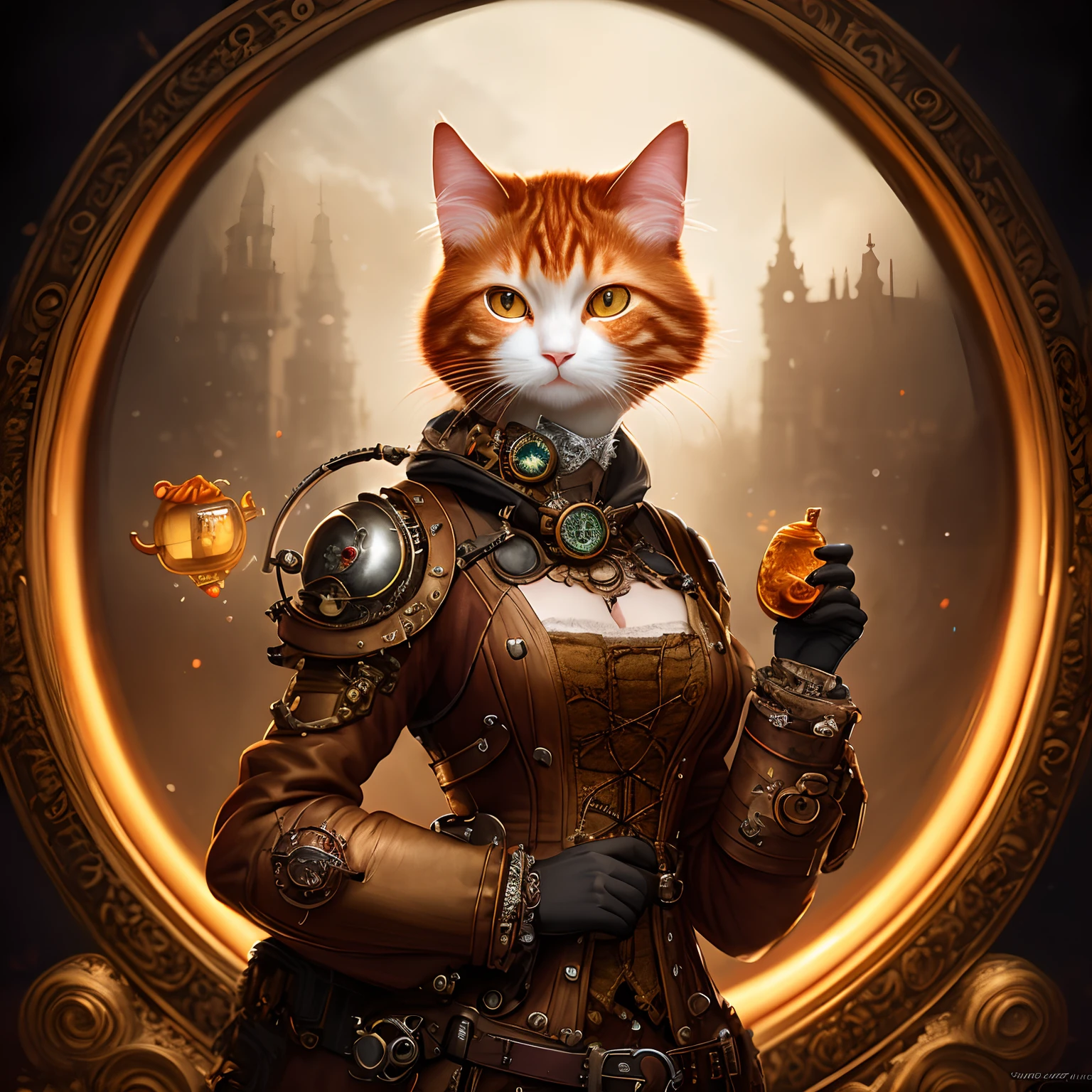 whimsical detailed steampunk ginger cat, bold colors, contrast, intricate fantasy extremely hyperdetailed, studio photography, backlight, oil painting, octane render, hyperrealistic, 8K, Hasselblad, ornately detailed, pretty face, photorealistic, octane render, Artgerm, WLOP, tom bagshaw, magali villenueve