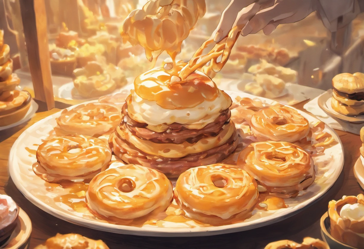 Create an image of a white cover with drawings of various goatous foods like churros, Brigadeiro, pipoca, mousse de chocolate, Chicken sausage, xis, torre de batatas fritas com muito queijo derretido por cima, Cachorro-Quente, nega maluca, Pudim, Natural Sandwich, Ground beef pancake, sorvete de menta,cores vibrantes,insanamente detalhado, full-colour illustration, hyperrealistic illustration, capa, 8k -ar 2:3