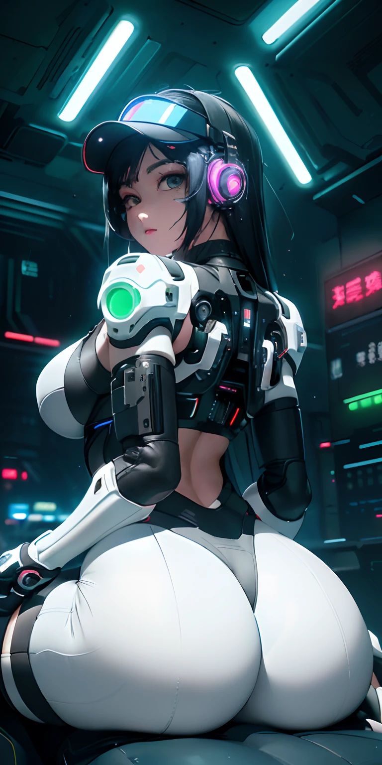 top-quality))、((​masterpiece)、cyberpunked、Big buttocks、Installing an electronic visor on an 18-year-old girl on her lap、Emphasis on the buttocks of the face、Cyberpunk Fashion、Sexy Posing、(Wearing white body spats on lower body、Breasts enlarged、Neon lights in dark city at night、(Various poses)