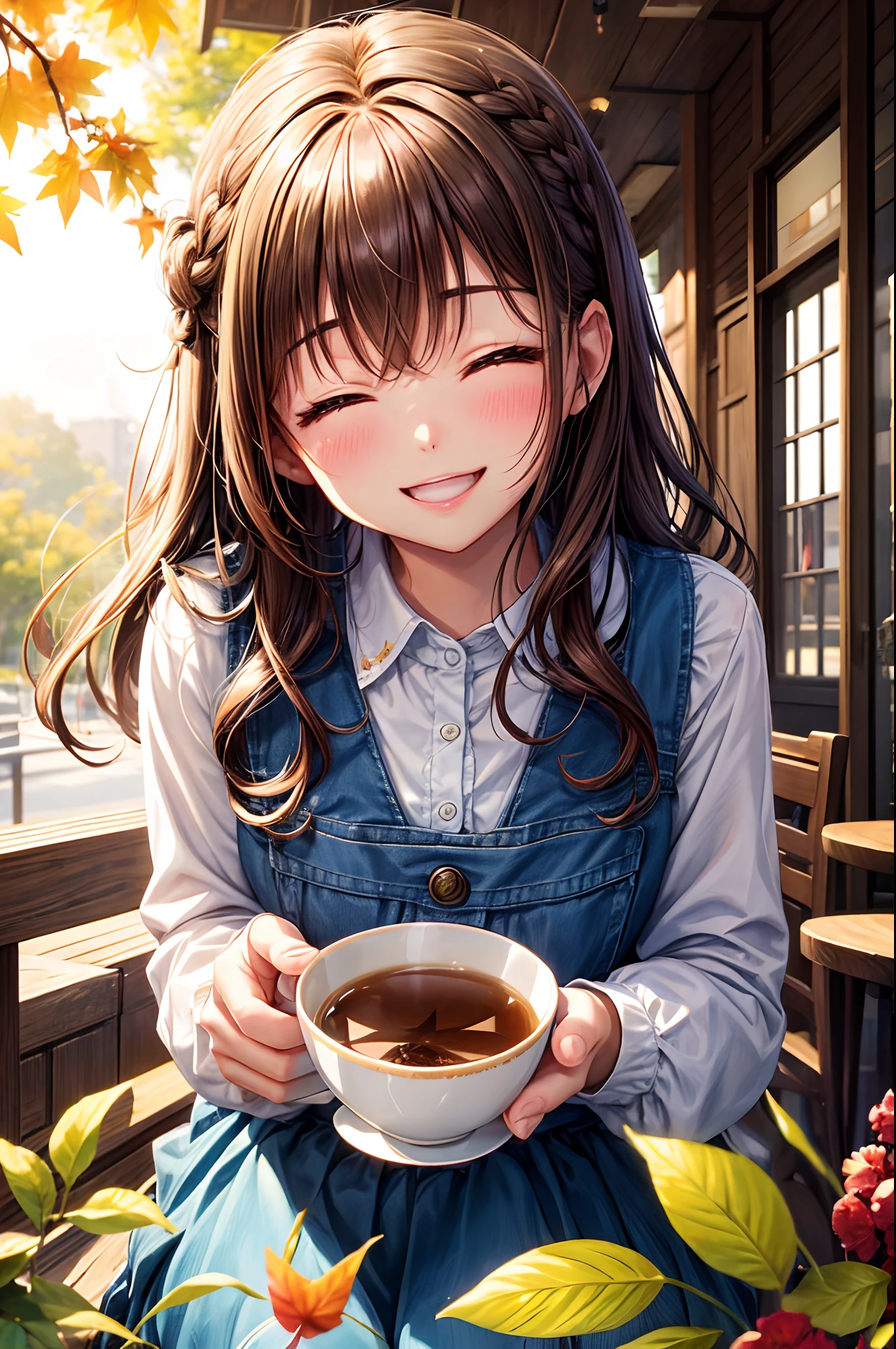 Best Quality、Shining crystal clear eyes、Light brown skin、Tea on the café terrace、Autumn clothes、Drawn up to the knee、、Bob Hair、Teenage woman、Very cute、Smile with eyes closed、A smile、Brown hair、Schools、I want to blush、Peek、Colored leaves、Wink、twinkling、Kamimei、