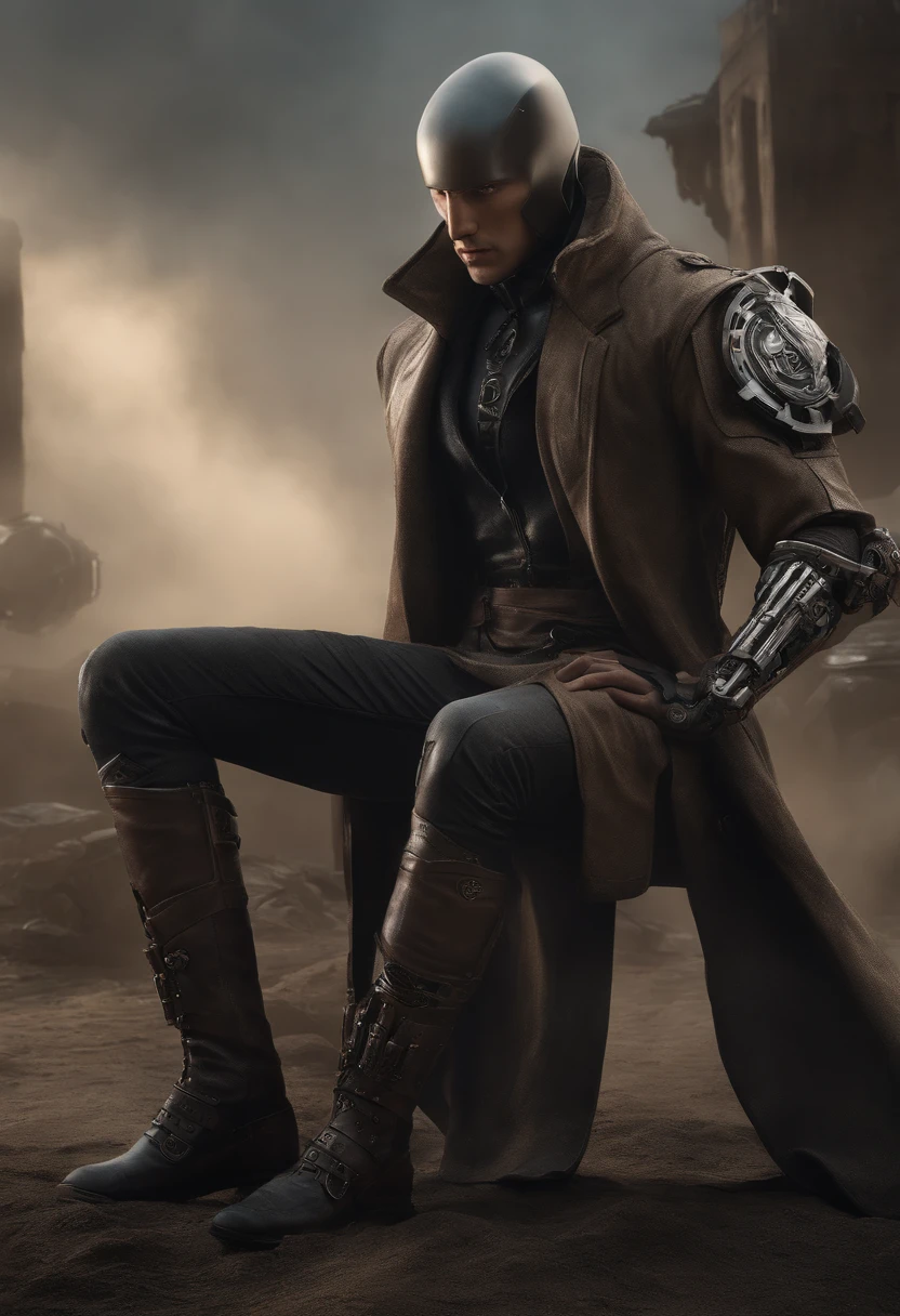 Visualize a male android, a striking fusion of human-like form and advanced machinery, standing in a post-apocalyptic wasteland. His sleek metallic body is both rugged and refined, reminiscent of iconic android characters from popular concept art. The android is dressed in a tattered, weather-worn duster coat, which flows dramatically in the wind. The coat, a patchwork of faded leather and aged fabric, exudes a sense of history and battle-tested experience. Beneath the coat, his sculpted, mechanical torso is visible, adorned with exposed gears and circuitry reminiscent of iconic cybernetic characters. These intricate details give him an air of technological sophistication. A broad-brimmed hat rests atop his head, casting his artificial face in shadow, just as popular android concept art often conceals facial features in mystery. Only one eye, a piercing blue light like those seen in renowned android designs, glows beneath the hat's shadow, conveying an aura of enigmatic determination. The lower half of his face is exposed, revealing a chiseled jawline and a set of mechanical lips. This juxtaposition of human and mechanical elements adds depth and intrigue to his appearance. One of his arms, an intricate masterpiece of polished chrome and intricate design, terminates in a hand that clutches a futuristic six-shooter. This weapon, with its intricate and ornate design, mirrors the iconic firearms often seen in cybernetic and android concept art. In this moment, amidst the desolation of the wasteland, the android stands as a captivating embodiment of popular android character concepts. The wind stirs his coat, creating a dynamic and visually arresting tableau. The Stranger is poised for action, a male android who captures the essence of technological prowess and mysterious determination.