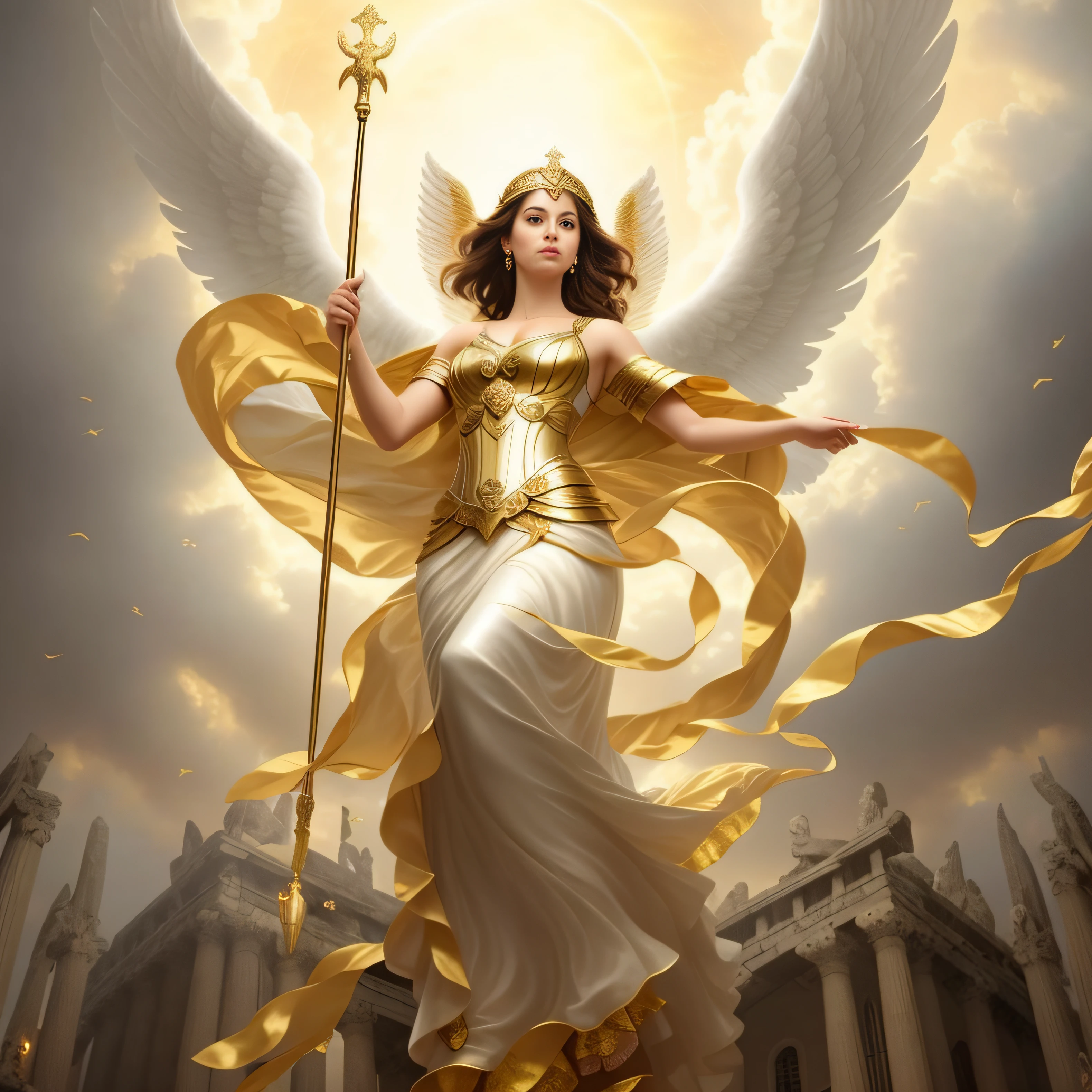 A brunette woman flying through the air with a cane and wings, full - body majestic angel, smil,tall female angel, Diosa dorada Atenea, Diosa griega Atenea, goddess of greek mythology, El dios Atenea, beautiful female angel, beautiful angel, Diosa de la Luz, Artgerm Julie Bell Beeple, Athena Goddess of Wisdom, Armadura dorada angelical, full of paintings of angels