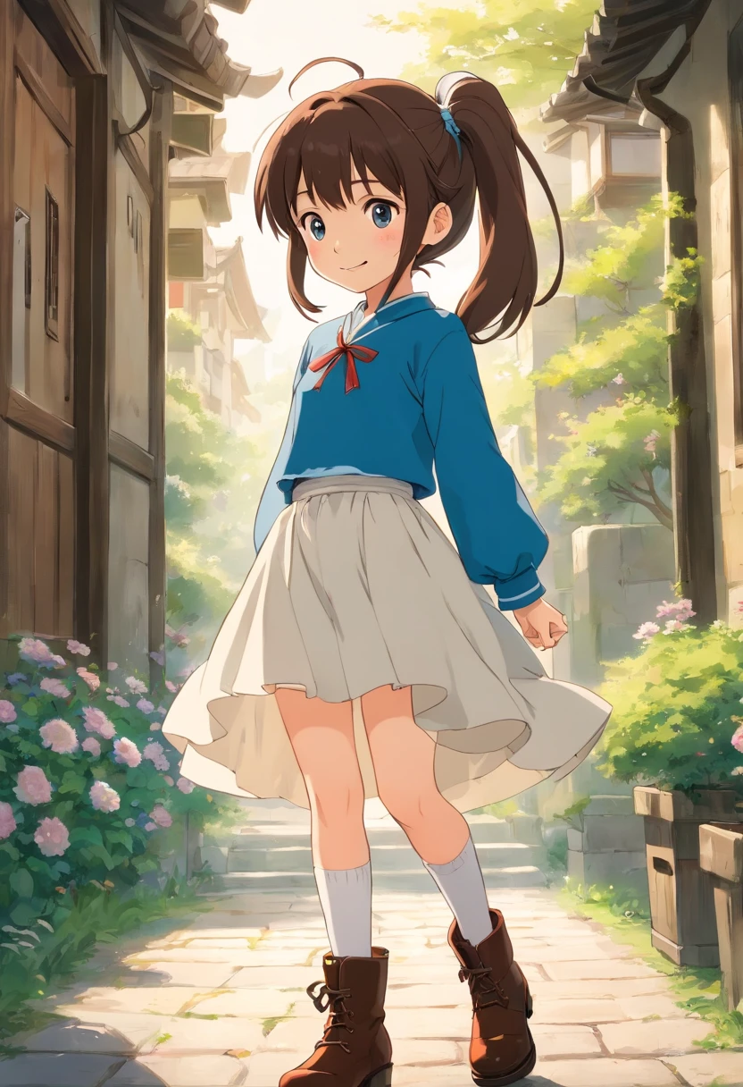 top-quality、extremely delicate and beautiful、Teen Girls、small tits、((((Solo Girl))))、11years old girl、(dark brown hair)、(Blue clothes with vertical buttons)、Belt at waist、White skirt、(((poneyTail)))、(white hairband)、(Brown boots)、blue eyess、Facing the front、is standing、A smile、