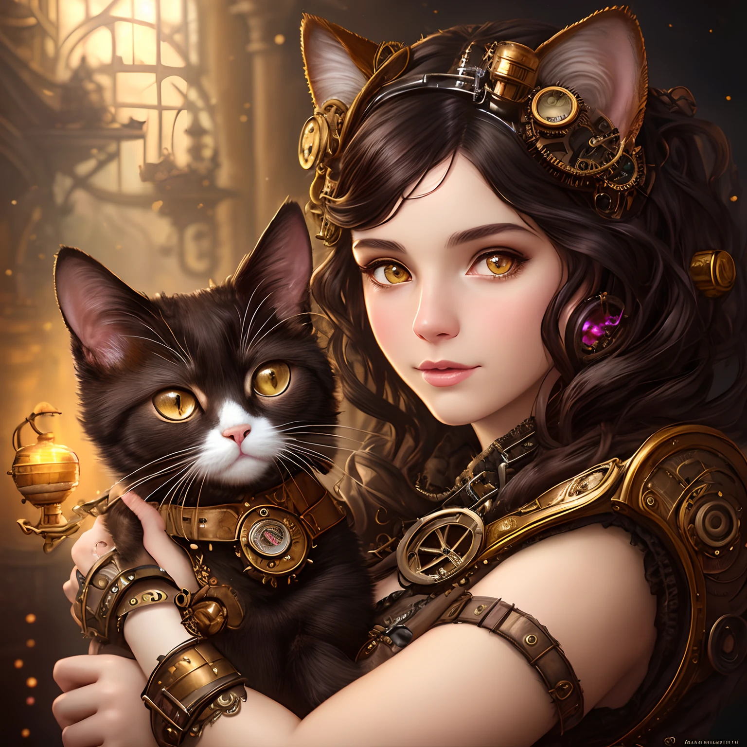 whimsical detailed steampunk brunette cat, bold colors, contrast, intricate fantasy extremely hyperdetailed, studio photography, backlight, oil painting, octane render, hyperrealistic, 8K, Hasselblad, ornately detailed, pretty face, photorealistic, octane render, Artgerm, WLOP, tom bagshaw, magali villenueve