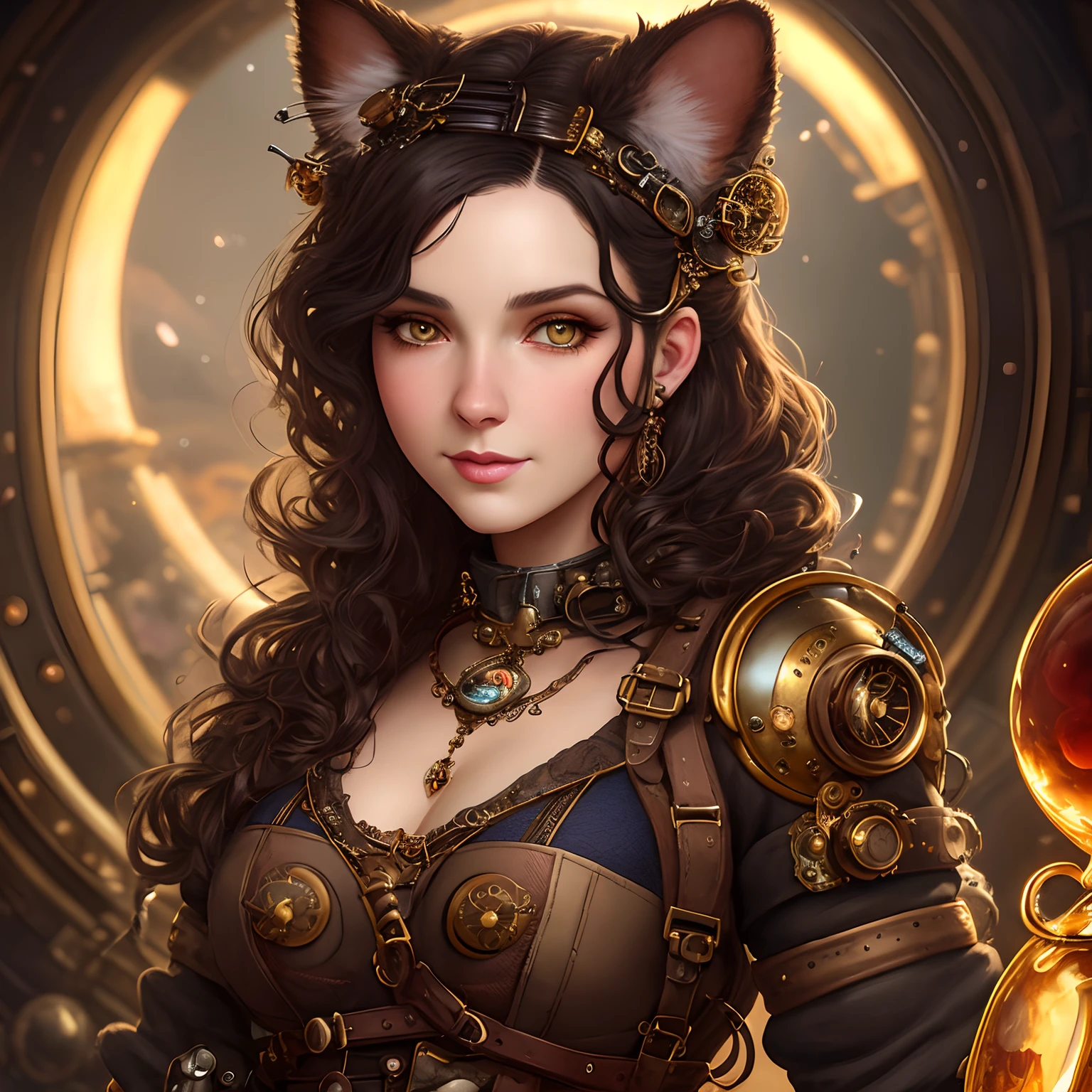 whimsical detailed steampunk brunette cat, bold colors, contrast, intricate fantasy extremely hyperdetailed, studio photography, backlight, oil painting, octane render, hyperrealistic, 8K, Hasselblad, ornately detailed, pretty face, photorealistic, octane render, Artgerm, WLOP, tom bagshaw, magali villenueve