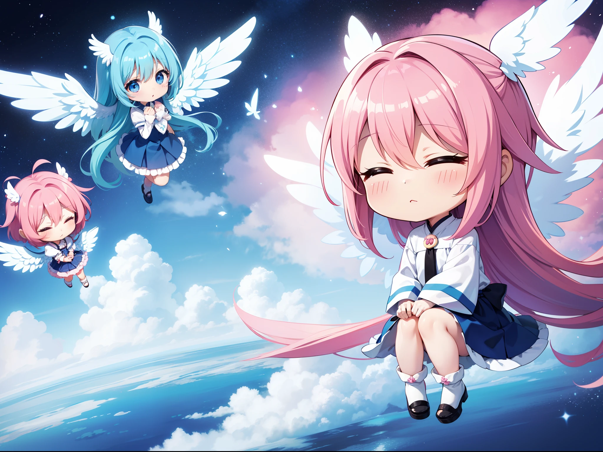 2:chibi character　With the Wings of an Angel、Visible flying in the sky。long hair with blue hair((Chibi Chara))、Comes with pink and white fluff、girl with、Chibi Chara、full body Esbian、Pastel colors hair、masutepiece、top-quality、Large in the center