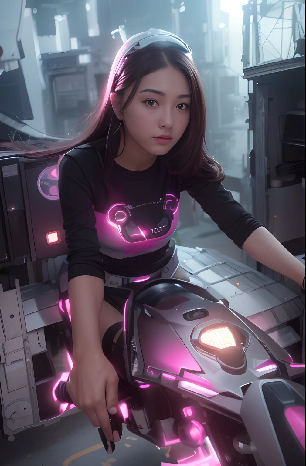 Highest image quality, outstanding details, ultra-high resolution, (realism: 1.4), the best illustration, favor details, highly condensed 1girl, with a delicate and beautiful face, dressed in a black and green mecha, wearing a mecha helmet, holding a directional controller, riding on a motorcycle, the background is a high-tech lighting scene of the future city.