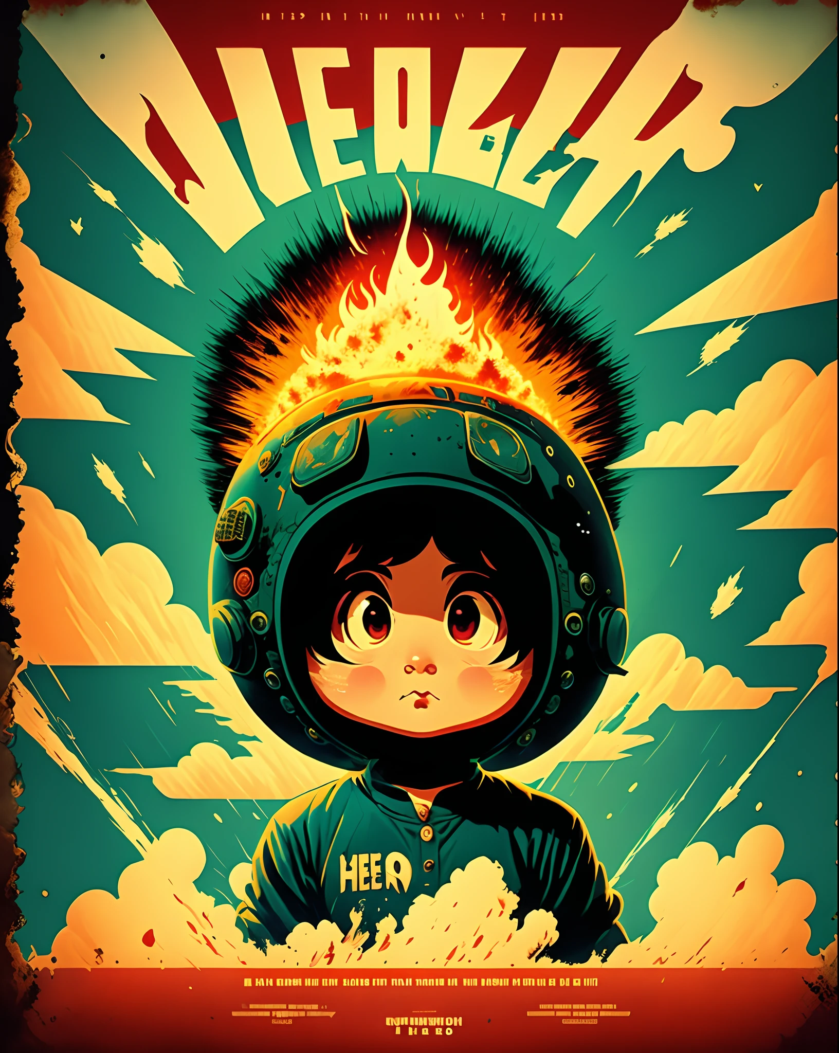 A movie poster in the style of Disney Pixar called hero shima with an atomic bomb going off in the background