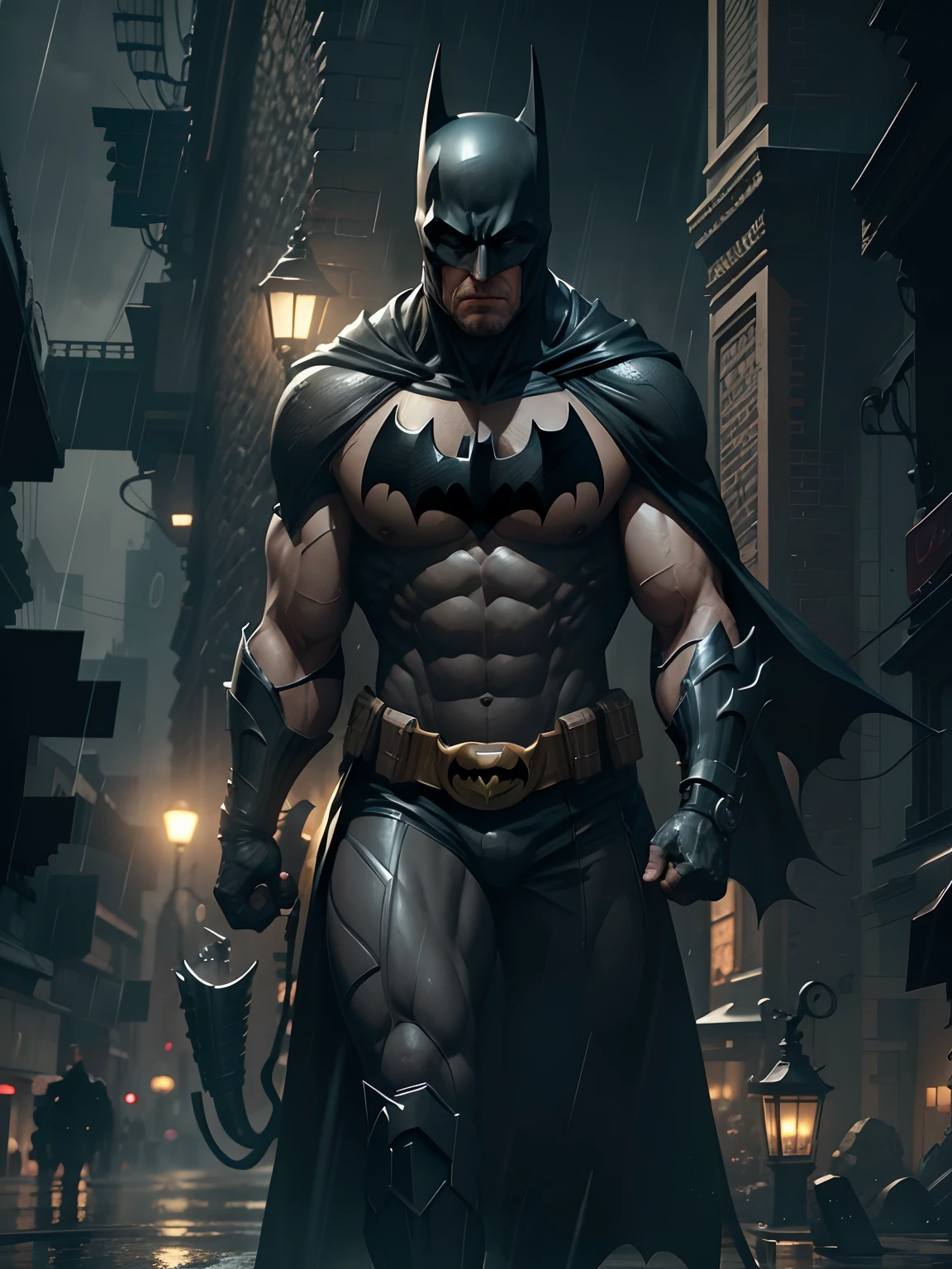In this striking photograph, Batman stands tall and confident, his iconic cape billowing behind him as a symbol of his unwavering determination. Clad in his sleek, black suit, he exudes an air of mystery and power.
In one hand, he holds a gleaming light bulb, a metaphorical representation of his brilliant mind and innovative spirit. The light bulb emits a soft, warm glow, illuminating his surroundings and serving as a beacon of hope in the darkness.
His piercing gaze is focused and intense, revealing the depths of his unwavering resolve. Behind his mask, his eyes reflect a mix of determination and compassion, a reminder of his dual nature as both a fierce protector and a guardian of justice.
The setting of the photograph is a dimly lit urban alleyway, with the shadows playing off the walls and adding an air of intrigue. The rain-soaked pavement reflects the city lights, creating a moody atmosphere that perfectly encapsulates Batman's brooding persona.dark night behind:1.4
Surrounding him are towering skyscrapers, a testament to the urban landscape he tirelessly protects. The city's skyline stretches into the distance, showcasing the vastness of his domain and the countless lives he has dedicated himself to,(mask on face:1.4)
In this photograph, Batman stands as a symbol of hope and inspiration. His confident stance and the light bulb he holds represent his unwavering commitment to shedding light on the darkness, both metaphorically and literally. He serves as a reminder that even in the face of adversity, there is always a flicker of light that can guide us towards a brighter future.,