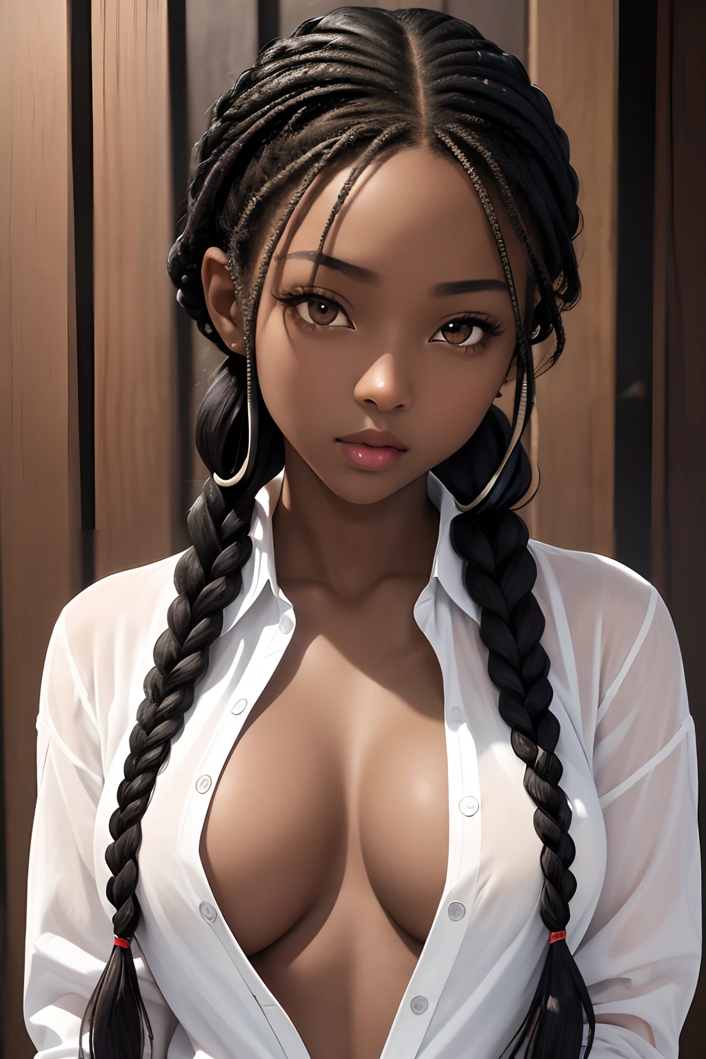 (masterpiece, best quality), deep ebony 1girl, beautiful face, freely hanging braids, white unbuttoned shirt