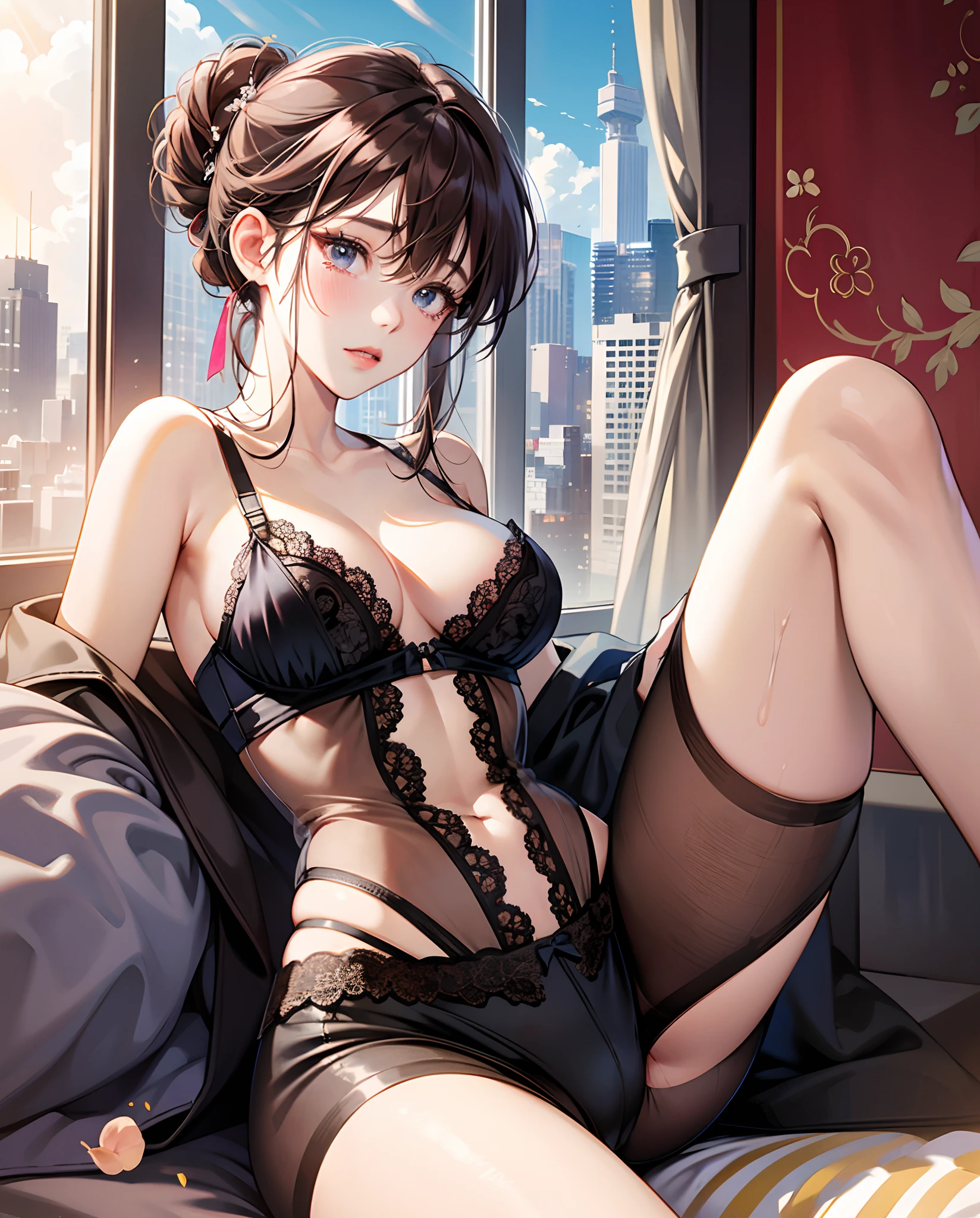 ultra detailed detail, ultra high quality, ultra high resolution, young Japanese girl, ultimate pretty face, extremely detailed eyes and face, blue-black eyes, twinkle eyes, slightly pink lips, middle hair, dark brown hair, wept bang, half updo, ecchi lingerie, lying back, one’s knee up, from high-rise apartment room, flame-less window, cityscape, sunlight, fantastic!!!, (nsfw) --auto --s2