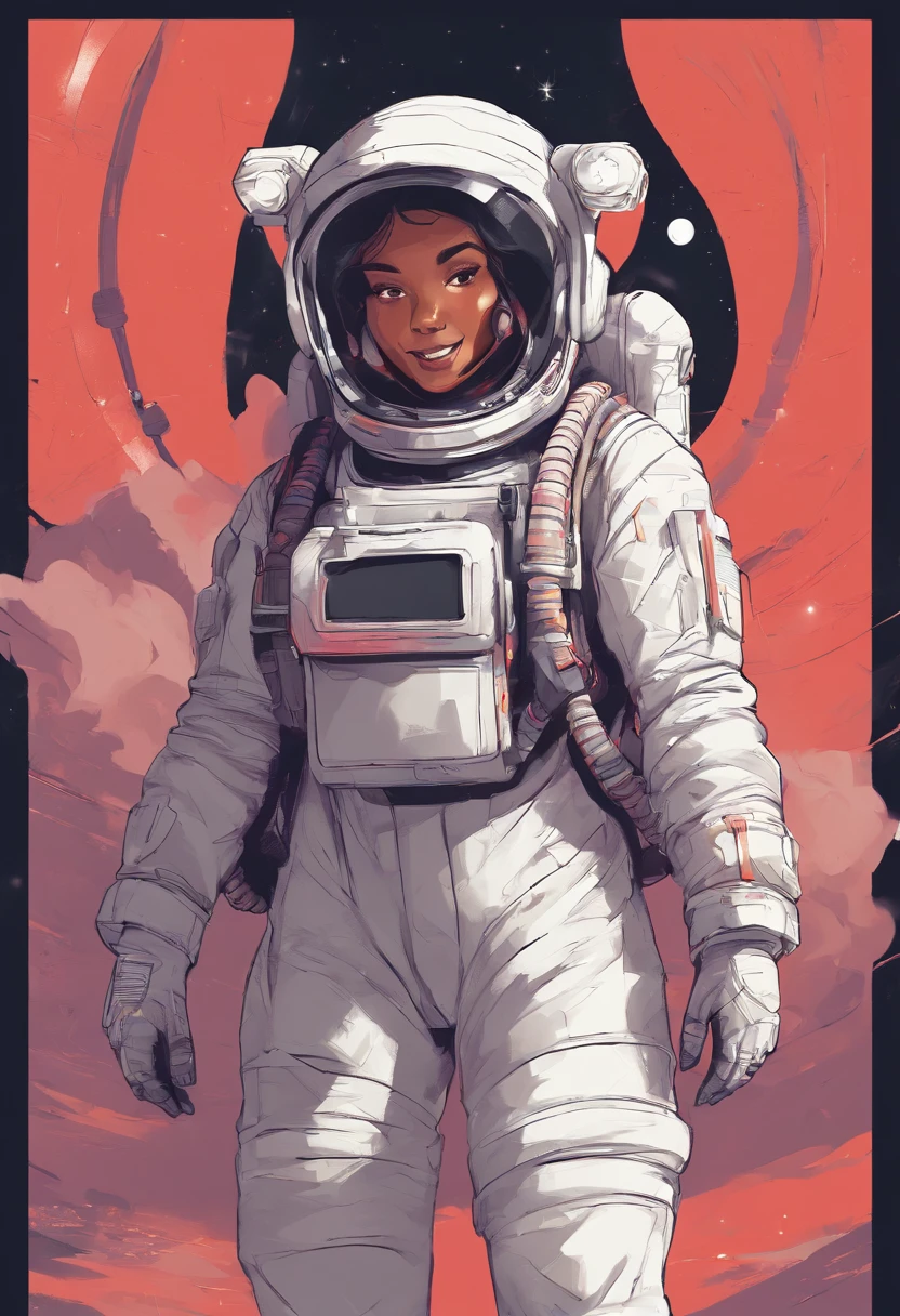 3 Woman Astronauts in Bulky white pressurized spacesuits with Life support system backpack and helmet and they are smiling with lipstick on