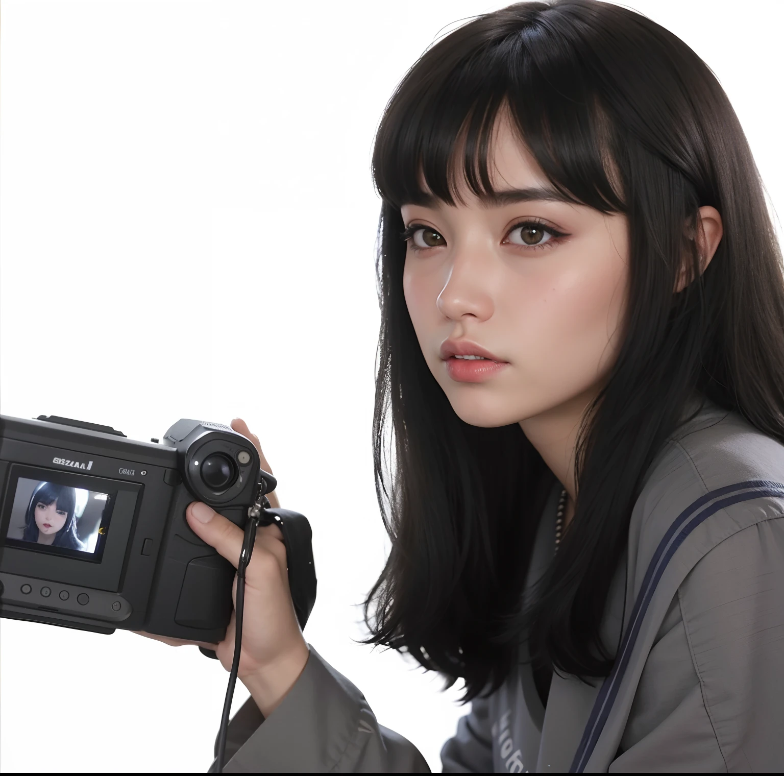 Arafed woman holding a camera and looking at the camera, Ela tem cabelo preto com franja, foto de perfil headshot, cabelo blackbangs cabelo, Estilo de Junji Ito, Ulzzang, Estilo anime misturado com Fujifilm, Sui Ishida com cabelo preto, foto portait foto de perfil, E - Menina, e-menina, [ Realistic photography ], com franja completa