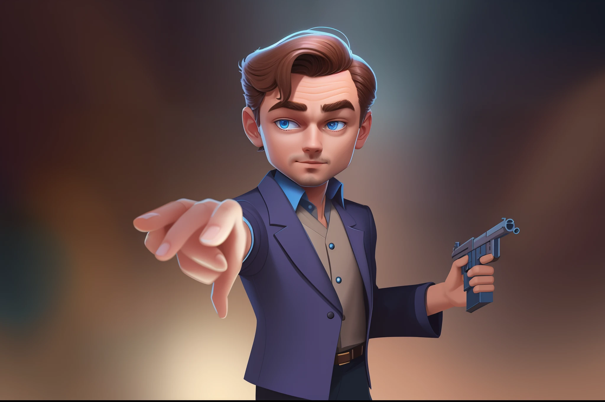 The man in the suit pointed a gun at something, Young Leonardo DiCaprio,holding a gun in her hand, blue color eyes, Look straight ahead of the camera, cinematic ligh, Inception, Cartoon Art Style, cartoon digital painting, Cartoon Art Style, Cartoon style, highly detailed character, in style of digital illustration, Cartoon style illustration, cartoonish style, Stylized character design, 2 d illustration, 2D illustration, very stylized character design, high detail iconic character, Detailed 2D illustration