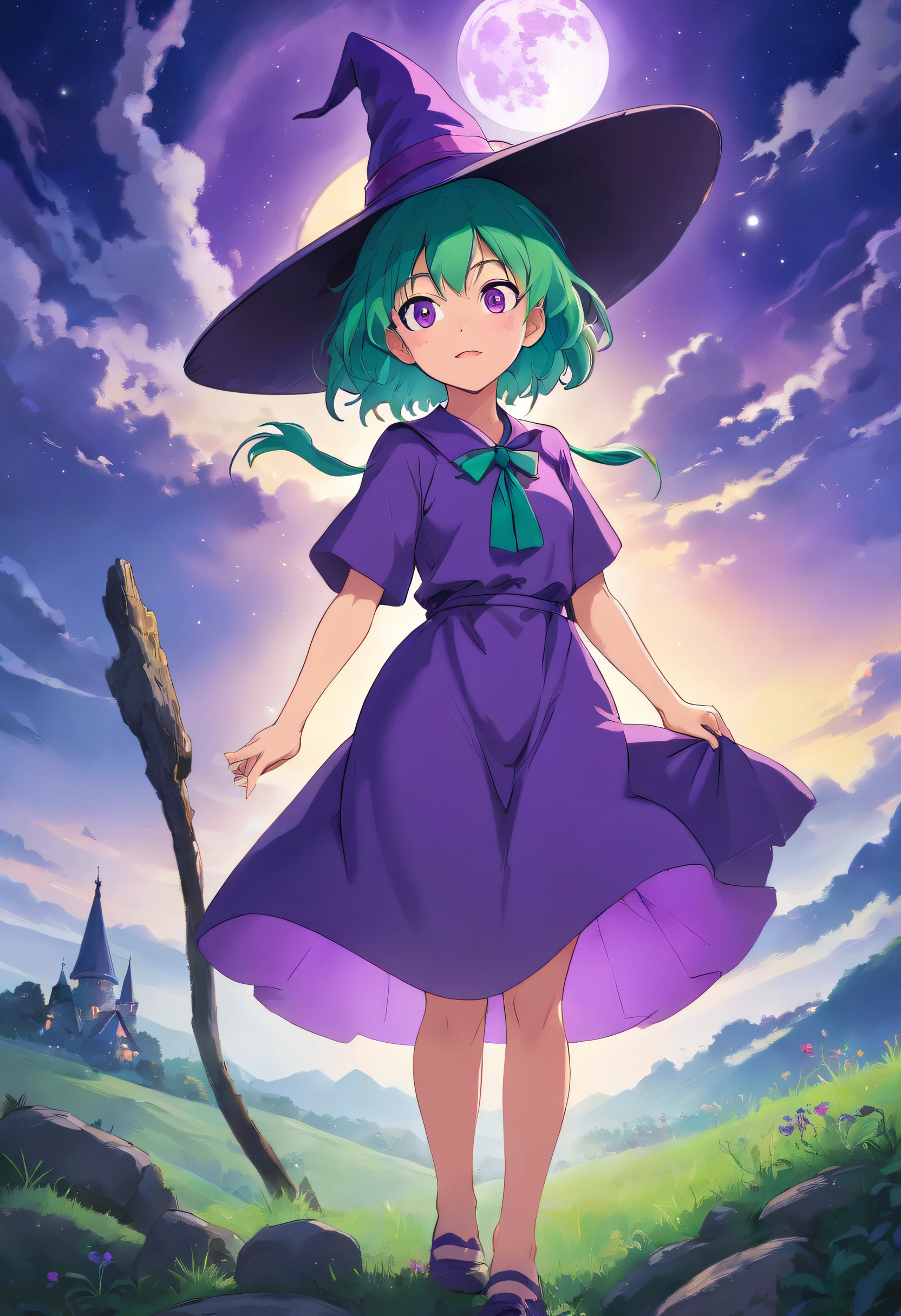 top-quality、extremely delicate and beautiful、(A teenage girl)、Purple Eye、Green hair、short-haired、(purple witch hat)、Purple tie、Soio、shortsleeves、Purple skirt、Purple Wizard Robe、Navel、is standing、Full moon night on background