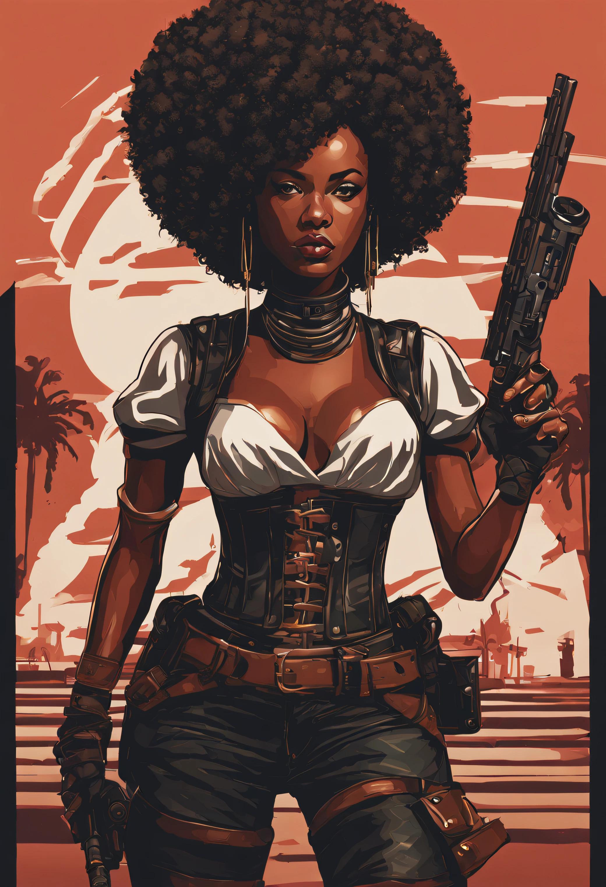 vector illustration, woman in a corset holding a gun, vector art by Mustafa Rakim, Artstation, afrofuturism, black woman, afro, afro futurism, pretty samurai with afro, afro futuristic, afrofuturistic, a black dieselpunk policewoman, afroamerican, black art, black female, black girl, samurai with afro, extremely high quality artwork,