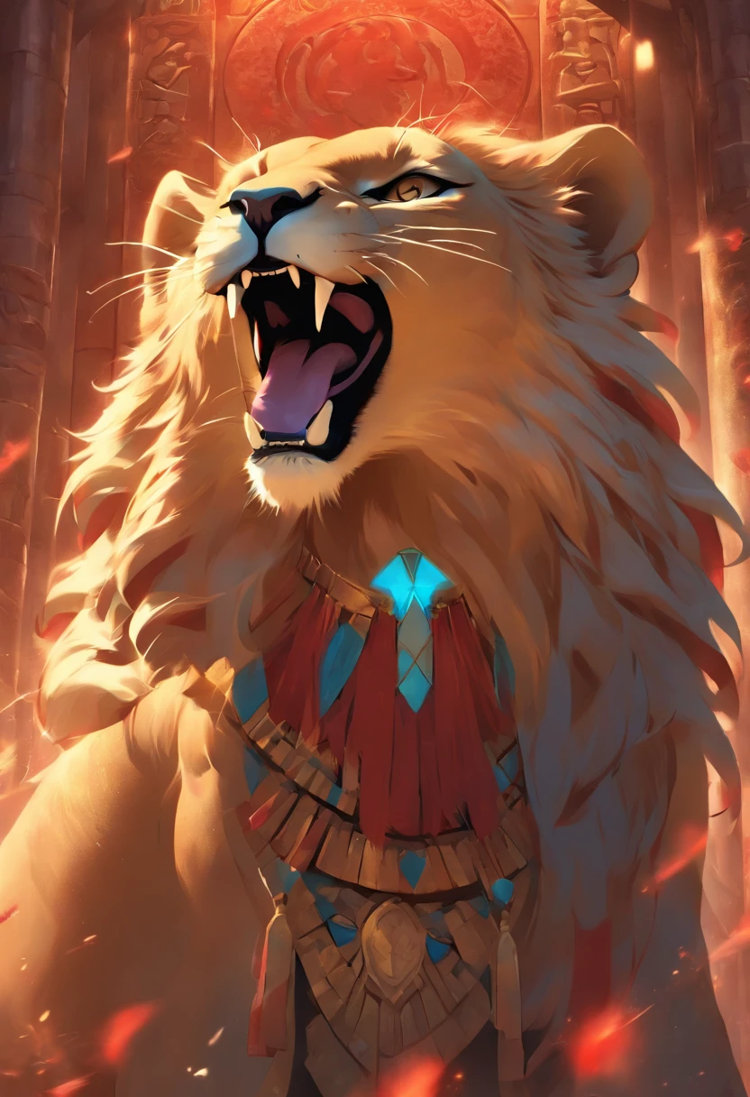 (((Sekhmet))) best quality, ultra-high resolution, 4K detailed CG, masterpiece, lioness goddess, epician goddess, lioness head, tongue out, tongue, big tongue, long tongue, blood, Egyptian mythology , ((Lick blood)) , Hindu, aesthetic, screen-centered image