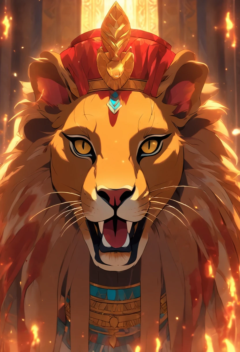 (((Sekhmet))) best quality, ultra-high resolution, 4K detailed CG, masterpiece, lioness goddess, epician goddess, lioness head, tongue out, tongue, big tongue, long tongue, blood, Egyptian mythology , ((Lick blood)) , Hindu, aesthetic, screen-centered image