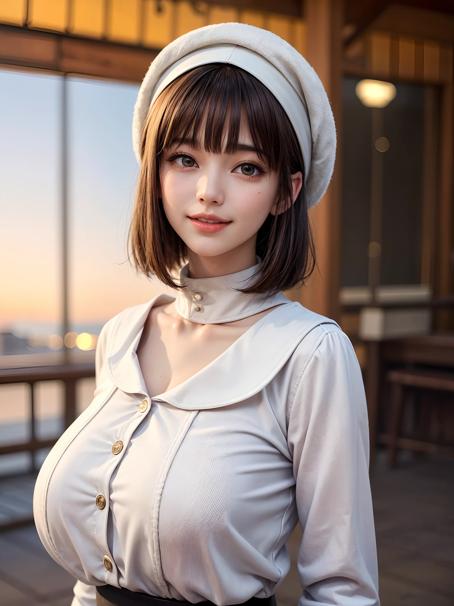 (masterpiece, top-quality、Very attractive adult beauty、Add intense highlights to the eyes),1girl in, 独奏, A dark-haired, scarf, Hats, realisitic, looking at the viewers, black eyes of light color, shorth hair, coat, Winter clothes, White headscarf, s lips, lipgloss,Put your ears out、bangss,, a closed mouth, The upper part of the body、big eye、Lashes、((Road system in Italy))、((Shorthair with bangs、big eye、Put very strong highlights in your students、very Bigger breasts、gazing at viewer、Very beautiful beauty、Put your ears out、long neck、little smiling、Close your mouth and smile)))、28 year old、Very cute supermodel