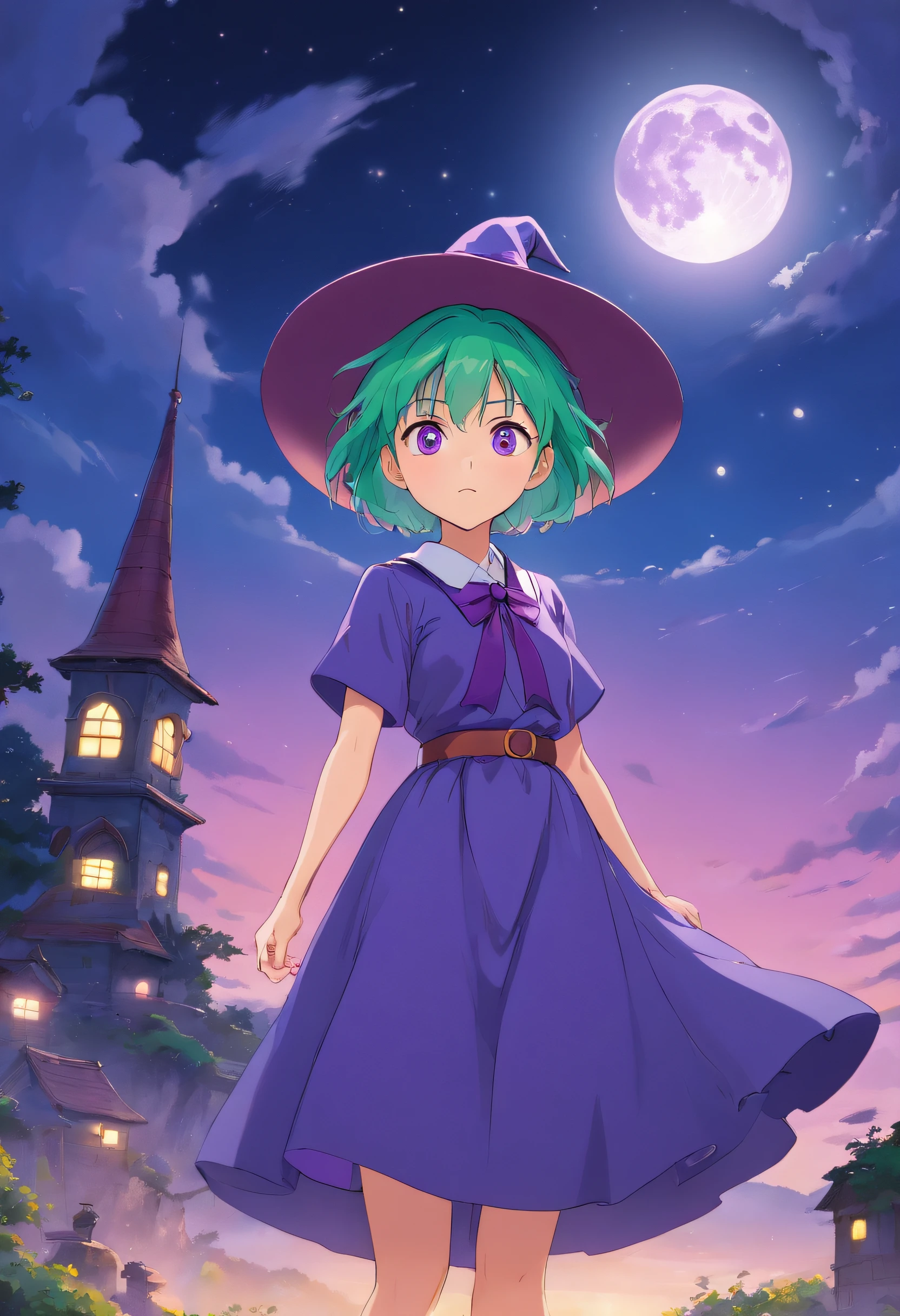 top-quality、extremely delicate and beautiful、(A girl)、Purple Eye、Green hair、short-haired、(purple witch hat)、Purple tie、Soio、shortsleeves、Purple skirt、Purple Wizard Robe、Navel、is standing、Full moon night on background