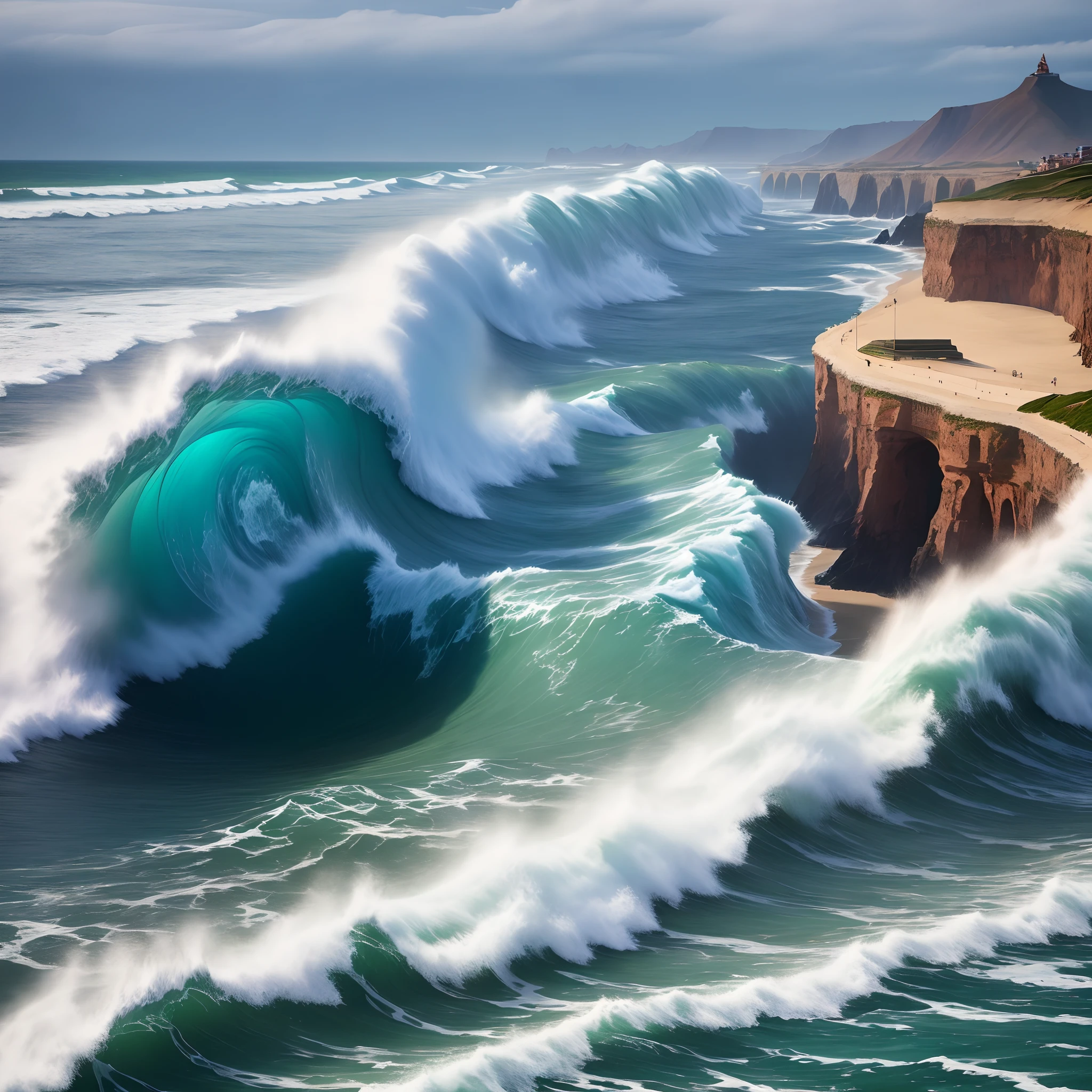 In the backdrop, the coastal region of Peru stretches infinitely, with waves crashing against the cliffs, showcasing the deity's dominion over the land and sea.