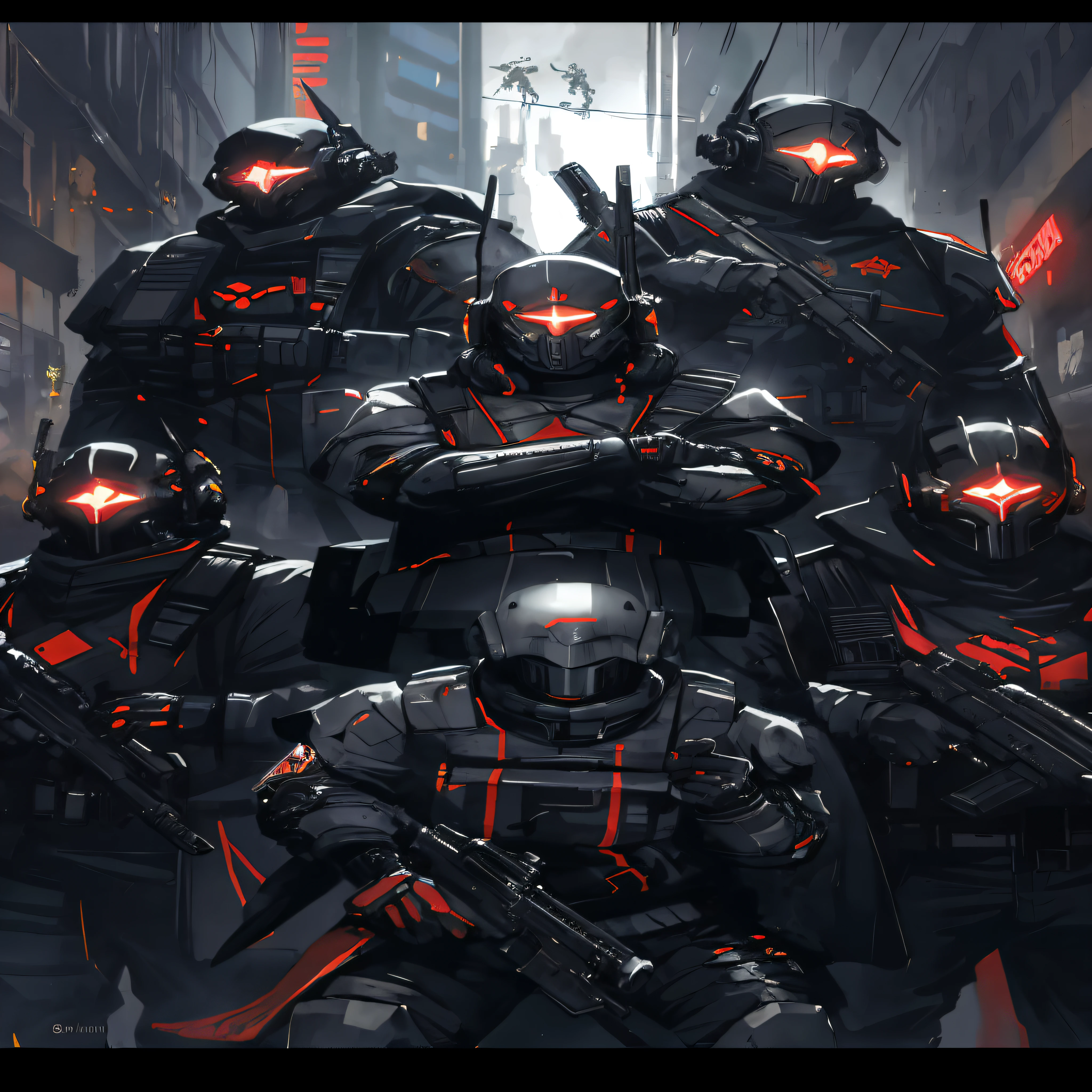 Uma brigada de soldados blindados na cidade, Helghast, dark cyberpunk illustration, dark sci-fi art, cyberpunk militar imperial, advanced digital cyberpunk art, arte de fantasia sombria cyberpunk, cybercore, Estilo de arte cyberpunk, cyberpunk themed art, Futurismo Sombrio, omen from valorant, soldado cyberpunk, cyberpunk sombrio, cyber armor