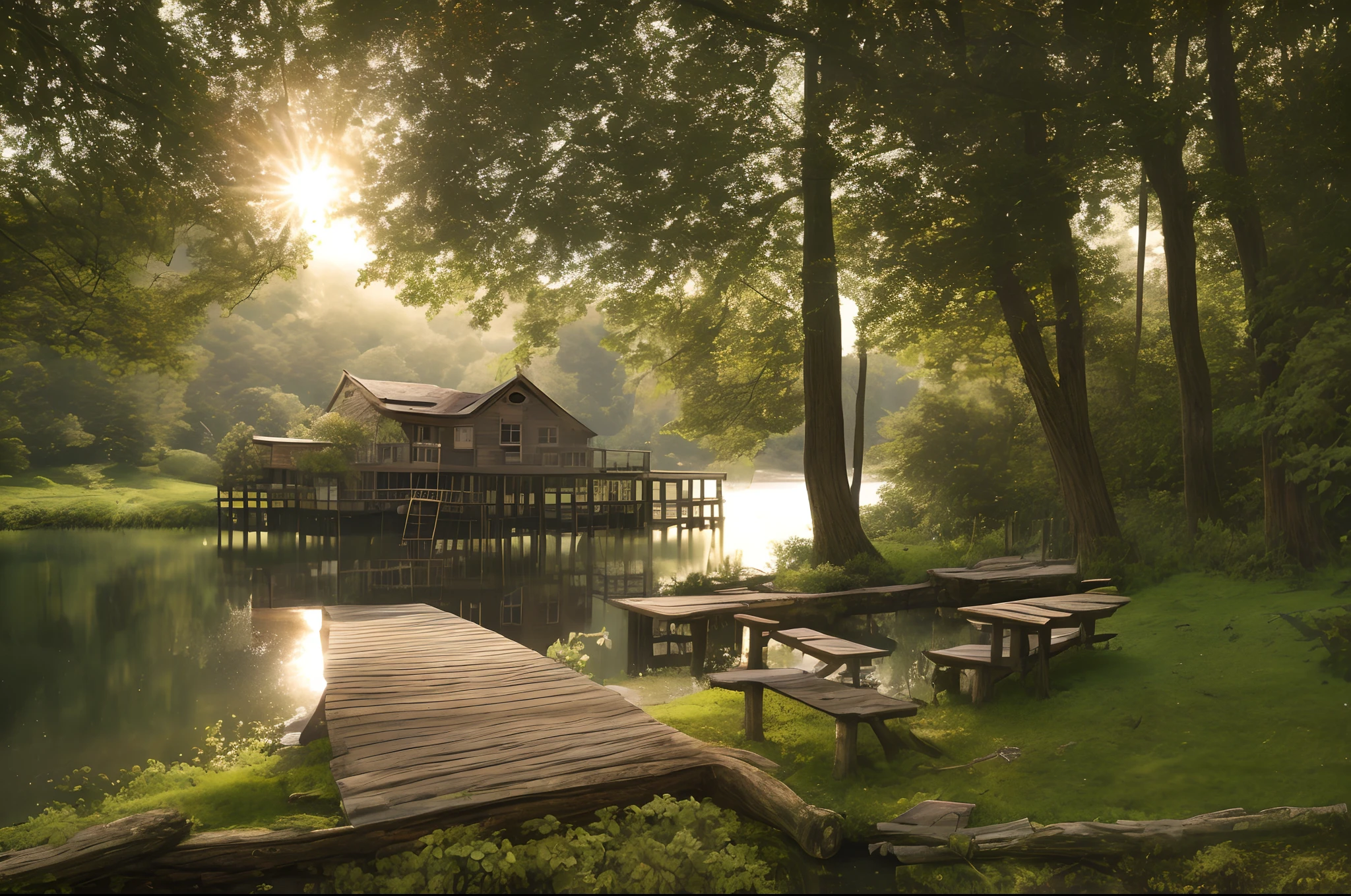 Lakeside house with old wooden pier, light passing through old trees and broken old bench in the garden in front of the house