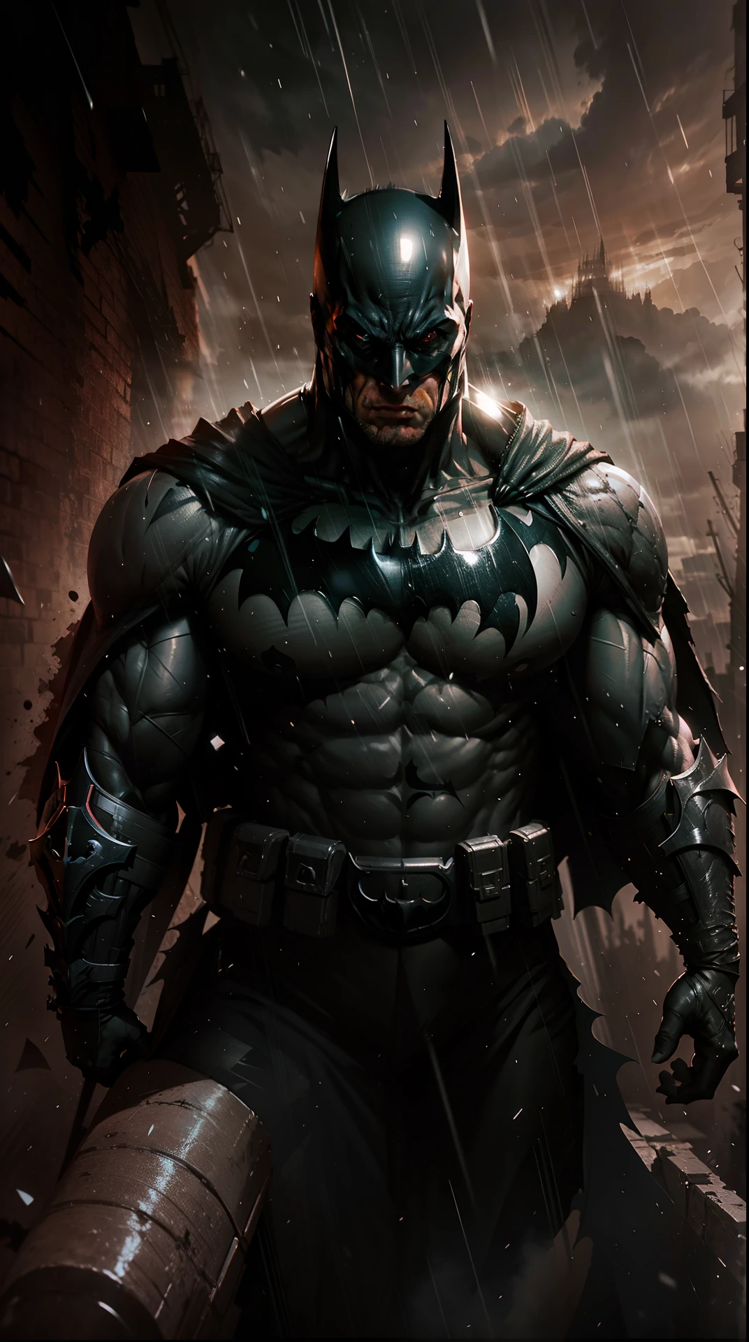 Batman, muscular, highly expressive and detailed face, looking at the viewer, heavy rain, unreal engine 5, 8k.