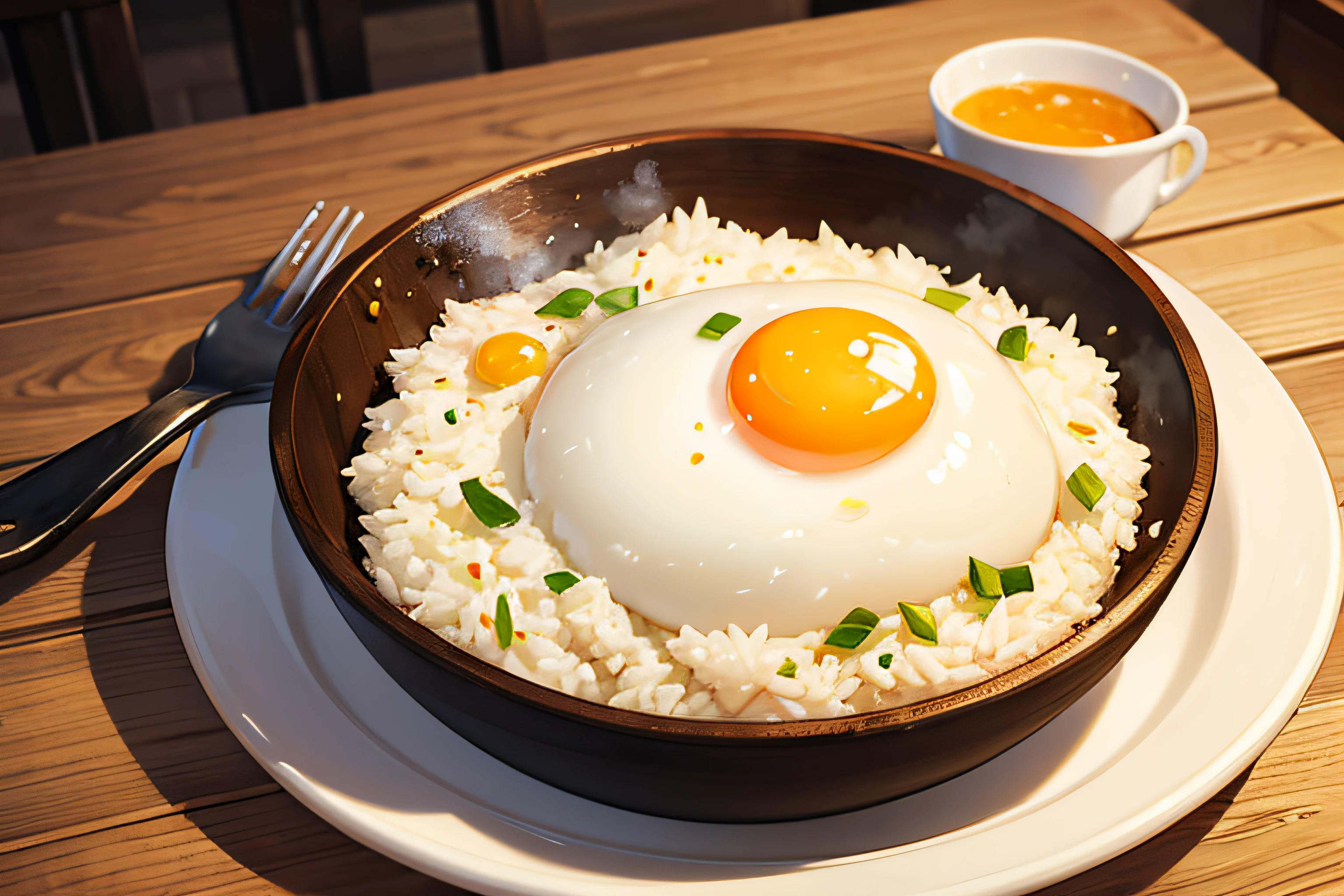 ((Masterpiece)), ((Best quality)), A sumptuous gourmet fried egg and rice, served on a rustic wooden table.