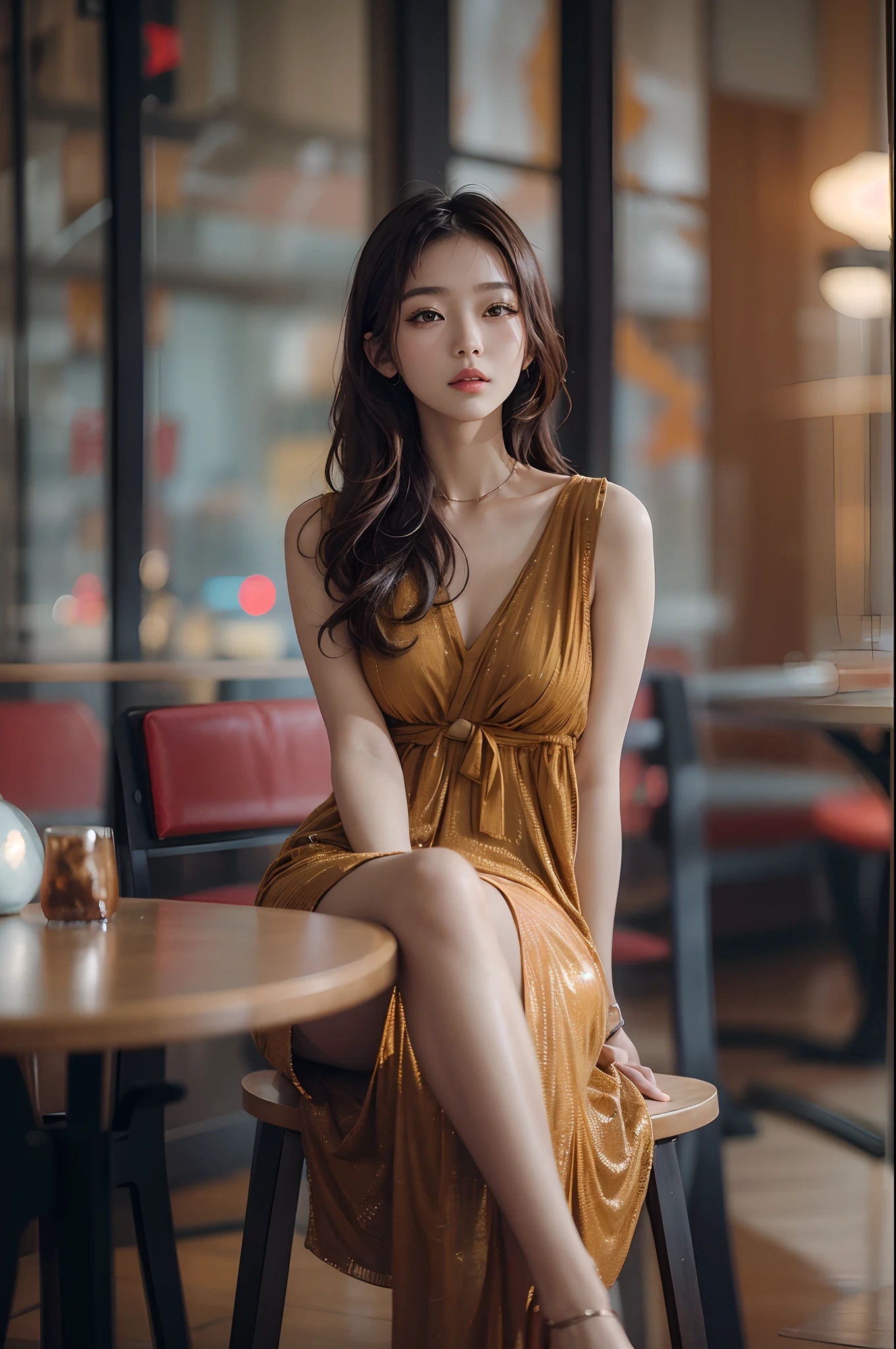 (masterpiece), (best quality), 8k resolution, 1girl, Asian girl, stunning beauty, perfect face, mature female, 20yo, sexy, sunny, sitting, autumn, indoor, in the cafe,low cut dress, cinematic, low key, old film color, film photography