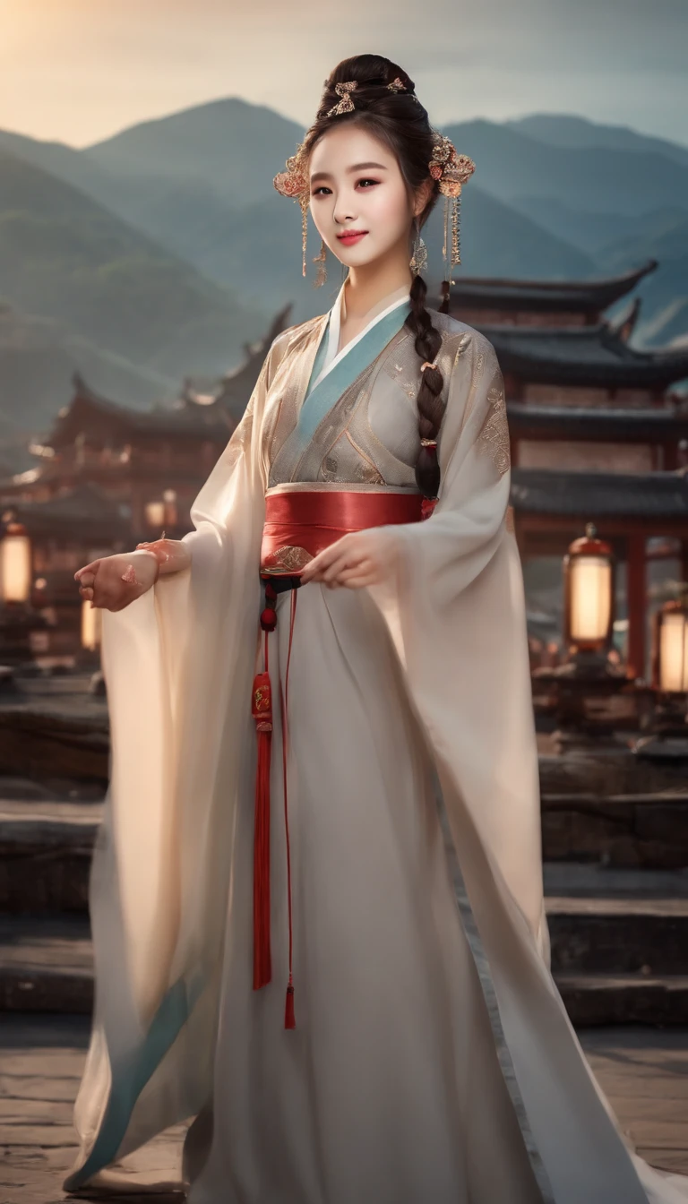 Kpop idol: 1.2, mix4, 1 Korean girl, 14 years old, (light eyebrows: 1.4), shiny brown eyes, bun head, tied two braids, ancient city, Chinese temple, high mountain, beautiful detail sky, street (crowd:1.2), night, (nose blush), hanfu, happy, smile