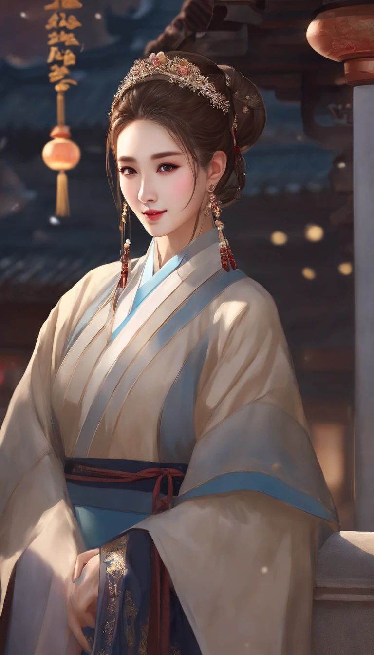 Kpop idol: 1.2, mix4, 1 Korean girl, 14 years old, (light eyebrows: 1.4), shiny brown eyes, bun head, tied two braids, ancient city, Chinese temple, high mountain, beautiful detail sky, street (crowd:1.2), night, (nose blush), hanfu, happy, smile