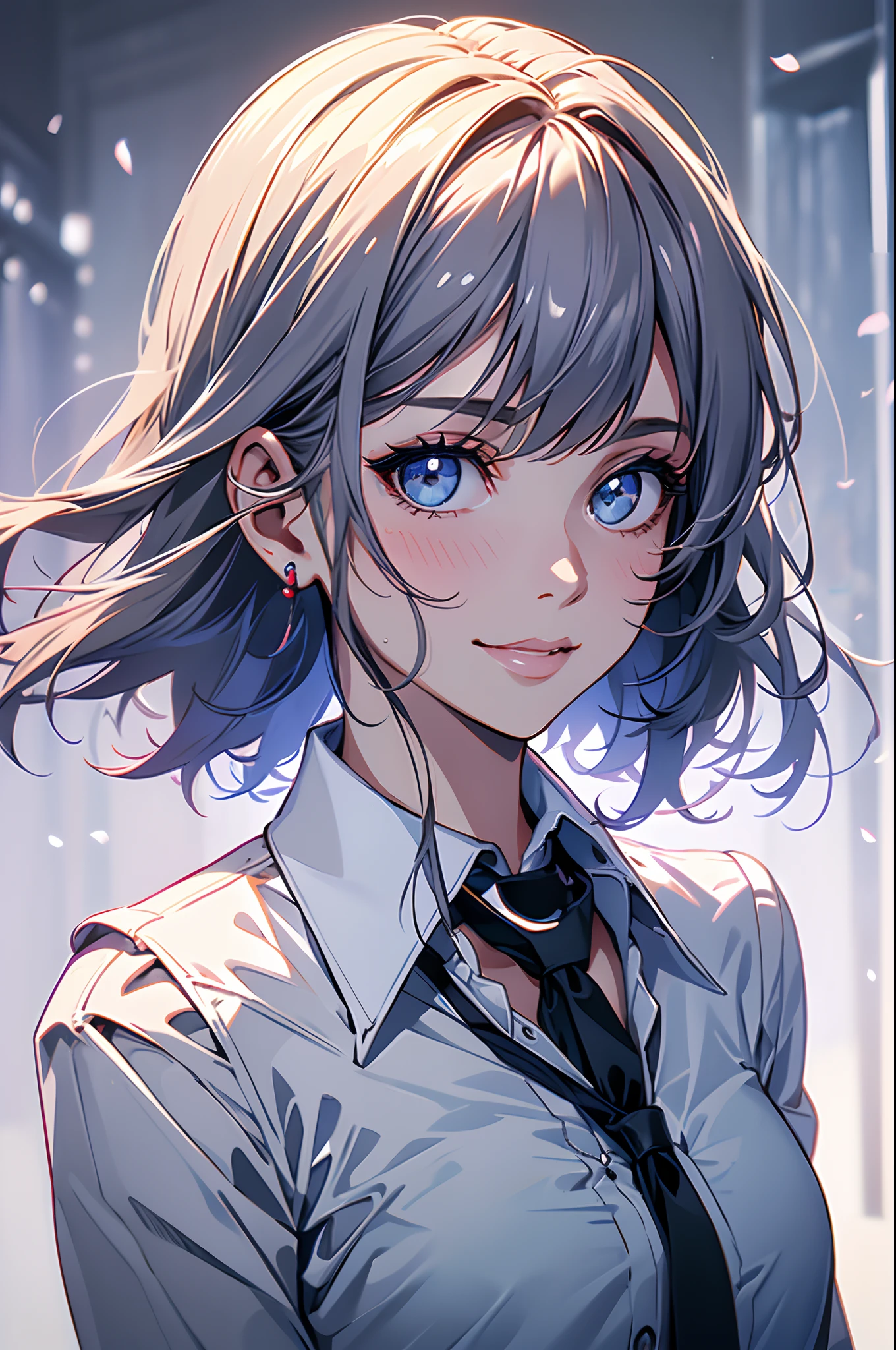 (8k, top quality, masterpiece: 1.2), (realistic, photorealistic: 1.37), super detailed, girl single, cute, solo, sitting, dating, (blush), (smile: 1.15), (closed mouth), big breasts, gaze staring at camera, breast staring at camera, fine beautiful eyes, large round eyes, clear double eyelids, eyelashes, (shirt with collar: 1.1), wet, office clothes, (Short hair: 1.2), floating NovaFrogStyle, bangs, long neck, happy smile, mouth closed, pretty face, realistic skin type, realistic texture, unbutton, light pink lip, really nothing background, really pure white background, 28 years old, high school student, no shadows on face, natural light, not thick upper lip