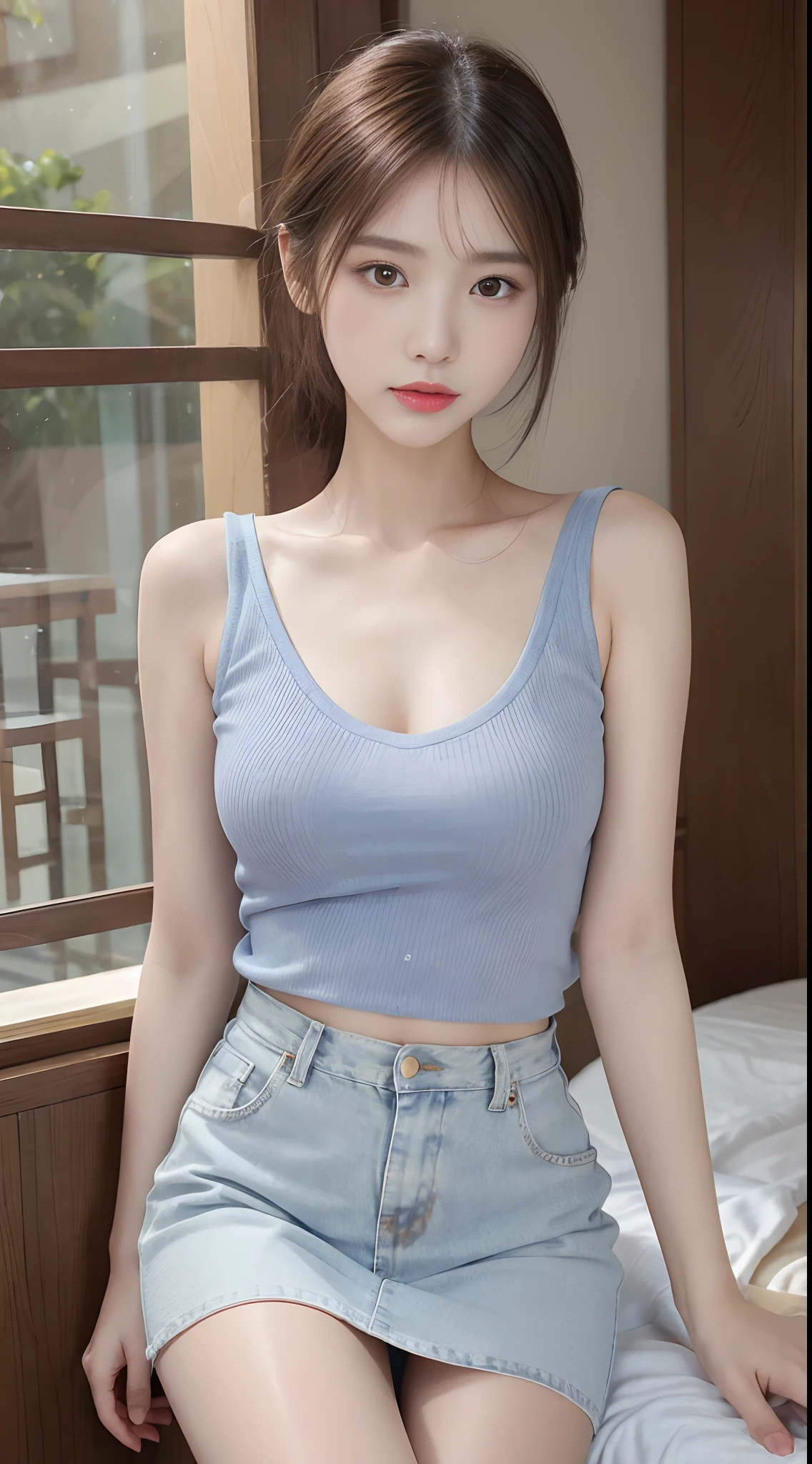 best quality, masterpiece, ultra high resolution, (Reality: 1.4), original photo, 1 woman, soft blue tank top, short pants, cinematic lighting, big soft breasts, short straight brown hair color, necklace, split, neon lights, inside, avoid burns skin 