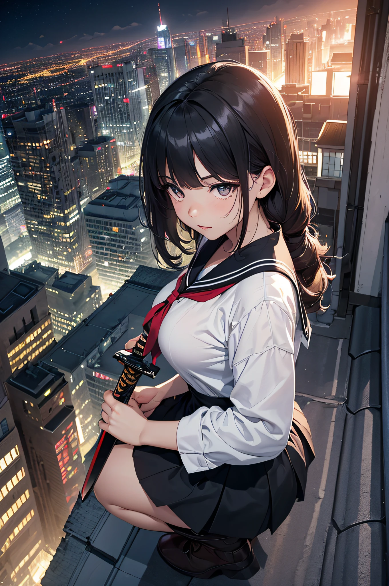 (Official art、Best Quality、Unity 8k Wallpapers、32K、​masterpiece、ultra-detailliert、超A high resolution、realisitic、Photorealsitic:1.2)、(Cinematic lighting:1.2)、Fireglow effect、film grains、Best Shadows、Rim lighting、side lights、sideshot、(Ultra-detailed and complex 3D rendering)、Detailed beautiful face and eyes、Sharp pupils、Realistic pupils、A slender、１Man Woman、Medium bust、(Full body:1.2)、 Highly detailed background、beauitful face、-yeld beiful girl、(super detailed skin、detailed skin textures:1.3)、Black hair、Blunt bangs、Brown-eyed、a sailor suit、pleatedskirt、Black stockings、(thighs thighs thighs thighs:0.8)、Black boots、(City at night、On the roof of a building:1.4)、Squatting、(Carrying a big sword on your back:1.3)、Looking away、plushies
