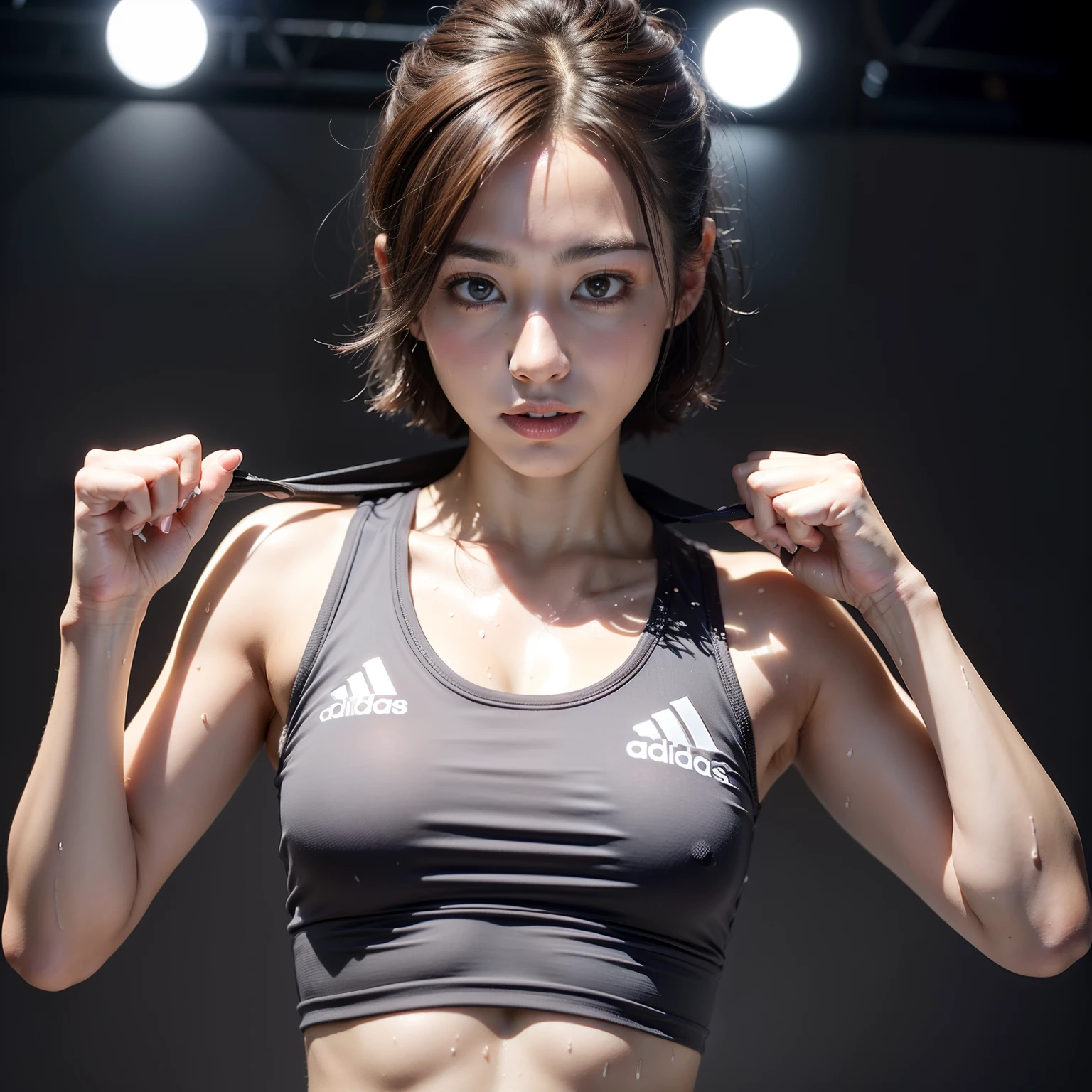 (solo), (a detailed full body RAW photo of a girl), (masterpiece:1.0), (best quality:1.4), (ultra highres:1.2), (photorealistic:1.4), 8k resolution, Canon EOS R5, 50mm, absurdres, ultra detailed, (a detailed full body RAW photo of a girl), (masterpiece:1.0), (best quality:1.4), (ultra highres:1.2), (25yo), japanese athlete sharp focus, cinematic lighting, detailed beautiful face, (no make up:1.2), (ulzzang-6500-v1.1), petite figure, detailed skin texture, flat chest, (skinny and fit body:1.6), detailed brown hair, sweltering,(very short hair:1.5), smiling face, see-through nipple, (very small and simple gray sweat-material adidas competition sports wear:1.5), (Crotch streaks and stains), (nipple protrusion on sports bra:1.0), realistic glistening skin, (sweating:1.45), detailed nipple, erotic pose,