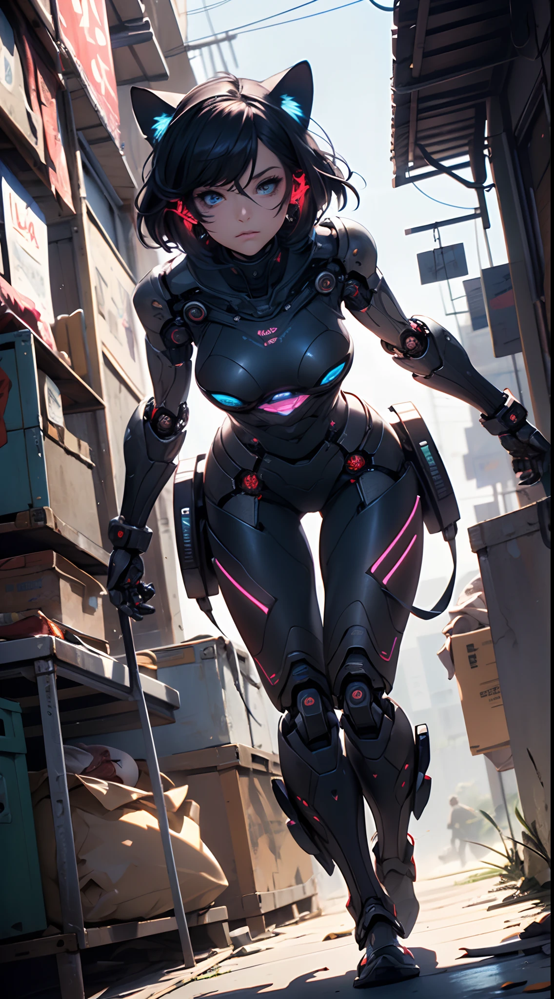 PunkAI, (CyberpunkAI:1.4), H1C4TT3CH, (hermosa mujer Hola Kitty), Cybernate, (robot:1.4), ciborg, Renderizado de Unreal Engine en 8K, Dentro de una intrincada ciudad llena de neones, action shot, Iris intrincado detallado, Very vivid lighting, sombras pesadas, Detallado, (Vibrante, Foto realista, realista, dramatic, oscuro, foco nítido, 8k),,motor irreal:1.4,UHD,La mejor calidad:1.4, fotorrealista:1.4, textura de la piel:1.4, obra maestra:1.8,obra-prima, mejor calidad,(Beautiful and detailed eye description)