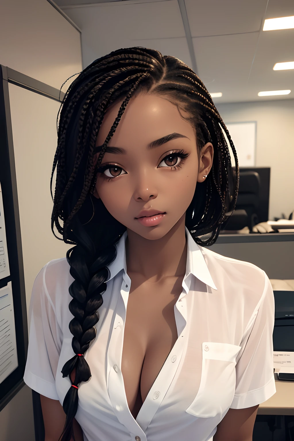 (masterpiece, best quality), deep ebony 1girl, beautiful face, freely hanging braids, white unbuttoned office shirt
