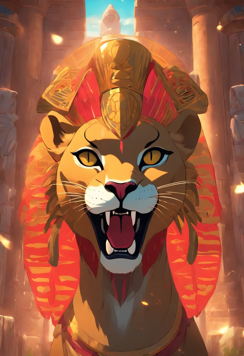 (((Sekhmet))) best quality, ultra-high resolution, detailed CG in 4K, masterpiece, lioness goddess, epician goddess, lioness head, tongue out, tongue, fangs, bared teeth, blood, Egyptian mythology , ((Lick blood)) , Hindu, aesthetic, screen-centered image