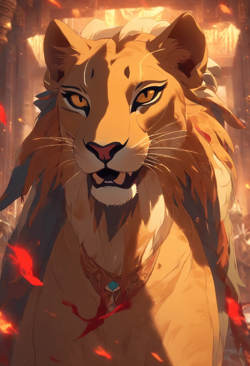 (((Sekhmet))) best quality, ultra-high resolution, detailed CG in 4K, masterpiece, lioness goddess, epician goddess, lioness head, tongue out, tongue, fangs, bared teeth, blood, Egyptian mythology , ((Lick blood)) , Hindu, aesthetic, screen-centered image