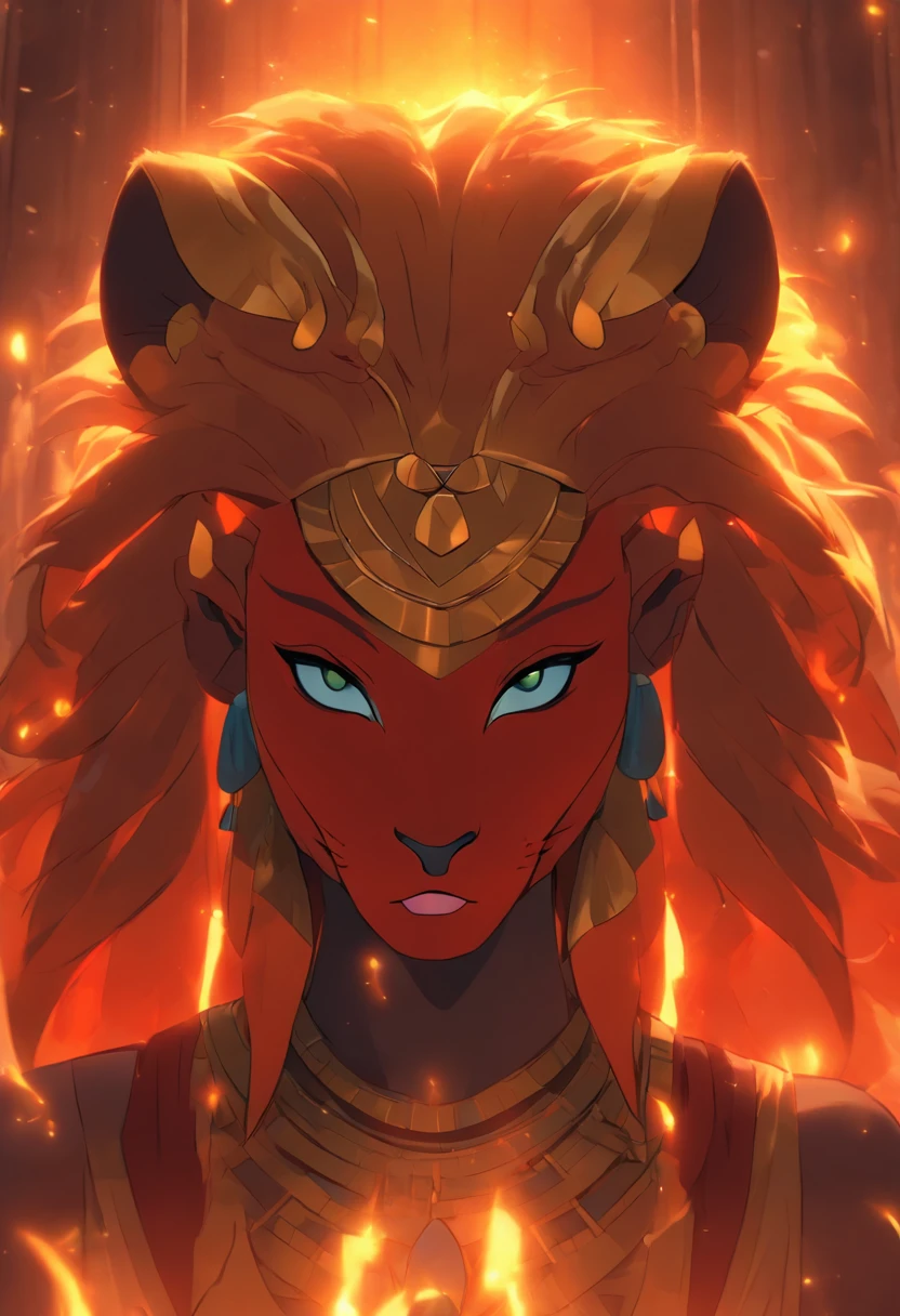 (((Sekhmet))) best quality, ultra-high resolution, detailed CG in 4K, masterpiece, lioness goddess, epician goddess, lioness head, tongue out, tongue, fangs, bared teeth, blood, Egyptian mythology , ((Lick blood)) , Hindu, aesthetic, screen-centered image