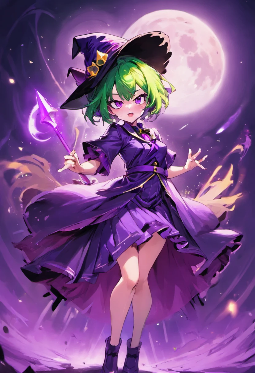 top-quality、extremely delicate and beautiful、(A teenage girl)、Purple Eye、Green hair、short-haired、(purple witch hat)、Purple tie、Soio、shortsleeves、Purple skirt、Purple Wizard Robe、Navel、is standing、Full moon night on background