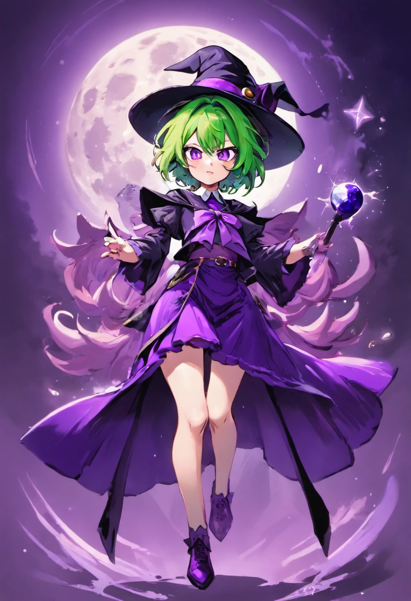 top-quality、extremely delicate and beautiful、(A  girl)、Purple Eye、Green hair、short-haired、(purple witch hat)、Purple tie、Soio、shortsleeves、Purple skirt、Purple Wizard Robe、Navel、is standing、Full moon night on background