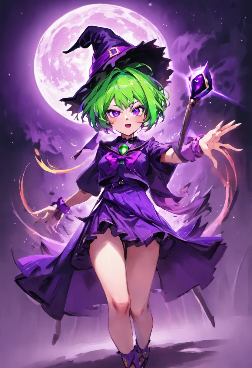 top-quality、extremely delicate and beautiful、(A age girl)、Purple Eye、Green hair、short-haired、(purple witch hat)、Purple tie、Soio、shortsleeves、Purple skirt、Purple Wizard Robe、Navel、is standing、Full moon night on background