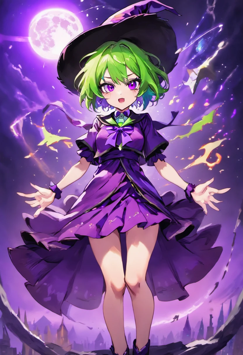 top-quality、extremely delicate and beautiful、(A girl)、Purple Eye、Green hair、short-haired、(purple witch hat)、Purple tie、Soio、shortsleeves、Purple skirt、Purple Wizard Robe、Navel、is standing、Full moon night on background