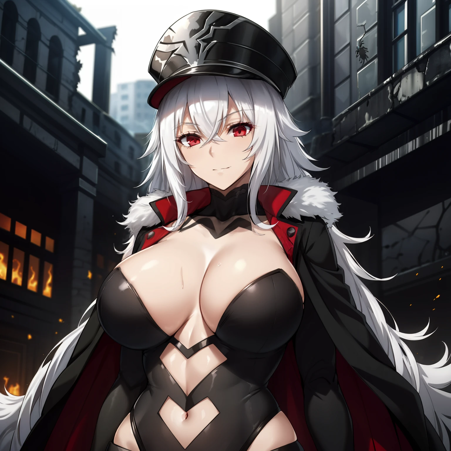 1girl,gigantic breasts,standing in ruined city,(8k),scratches,detailed face,white hair,red eyes,long hair,embarassed,small smile face,high_res, high_definition,the battlefield,Heroic pose,dark suit,military hat,black cape,(symbiote spider man Custome:1.1),