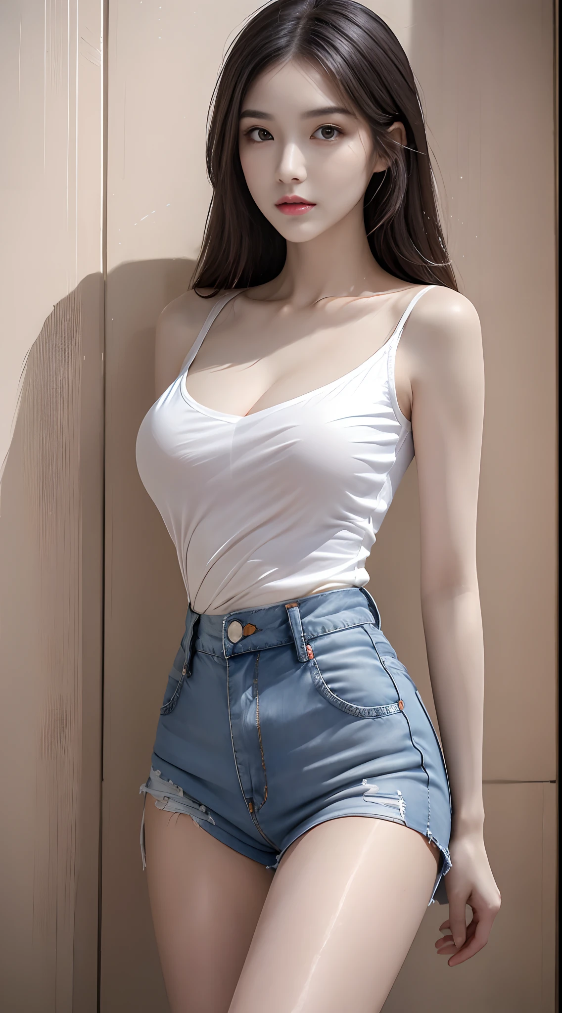 Allafard asian woman posing for photo in white bra top, realistic perfect figure, no arms, single leg amputee, faint milky white porcelain skin, smooth translucent white skin, elegant sleek smooth body, pale smooth, pale porcelain white skin, on mannequins. High quality, realistic shadow perfect body, beautiful face and body shape, super realistic full figure, pale snow white skin, pale woman, lying on the floor
