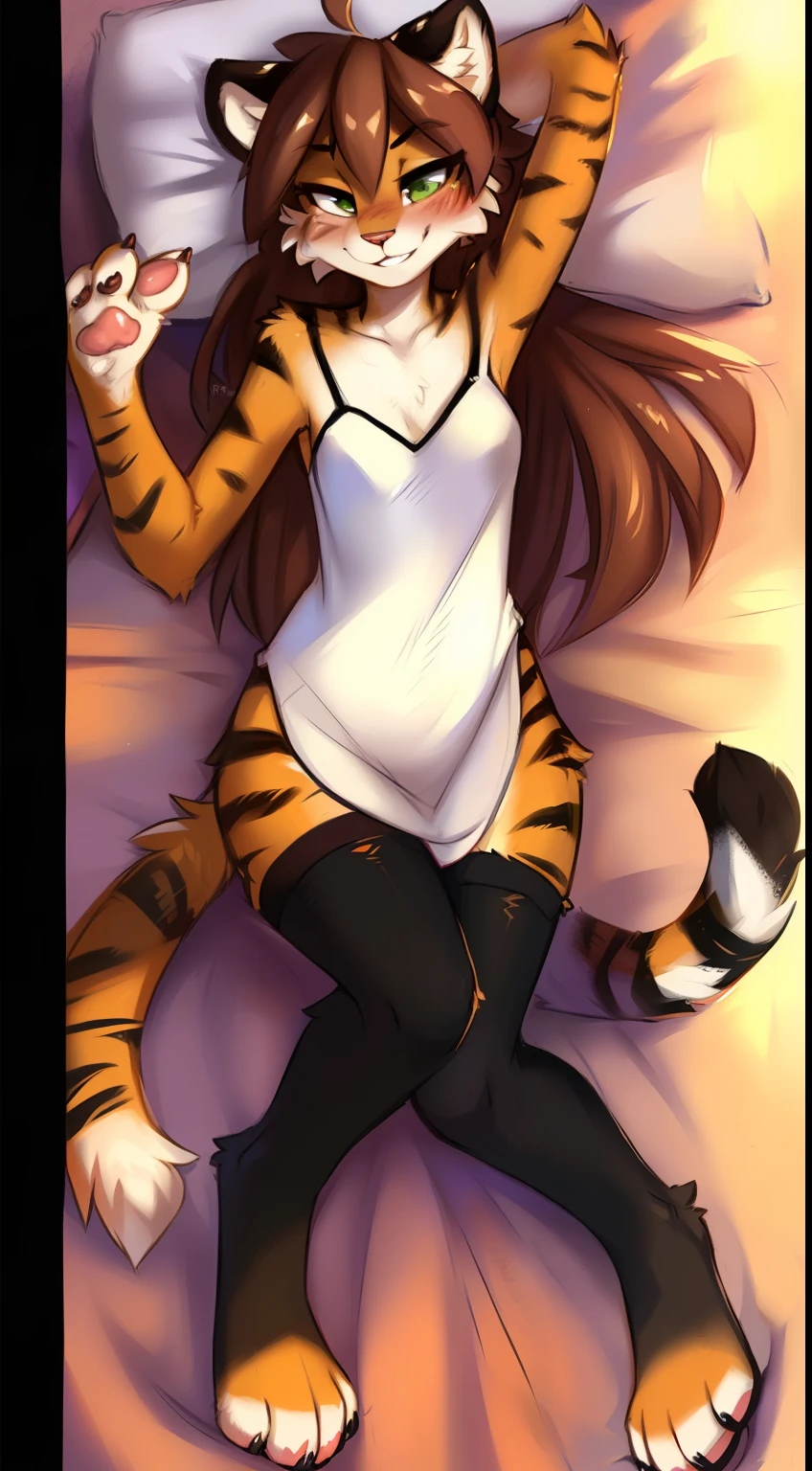 alone, e621 has been uploaded, beautiful and detailed portrait of a female (((woman))) anthro Tiger, subtraction, Ross Tran,Luan Jia, Uploaded to e621, Zausch, foxov, Genematic Lighting, fascinating, and, Tiger, thighs, big breasts, full body, beautiful, messy hair, brown hair, young (18-year-old), green eyes, lying in bed, Completely naked, Massaging the anus, Inserting a dildo into a pussy, 