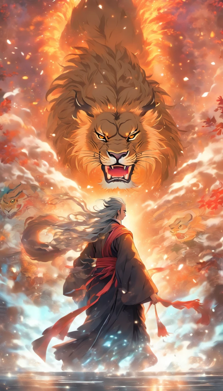 china style,中景 the scene is,The Taoist monk stood in front of a huge transparent lion,reaching out her hands,Long messy hair,glow effect,Hyper-realistic,Ultra photo realsisim,Chinese black and white ink style,Silver,decolorization,Smudge,inky,8K,super-fine,high quarity,OC Renderer