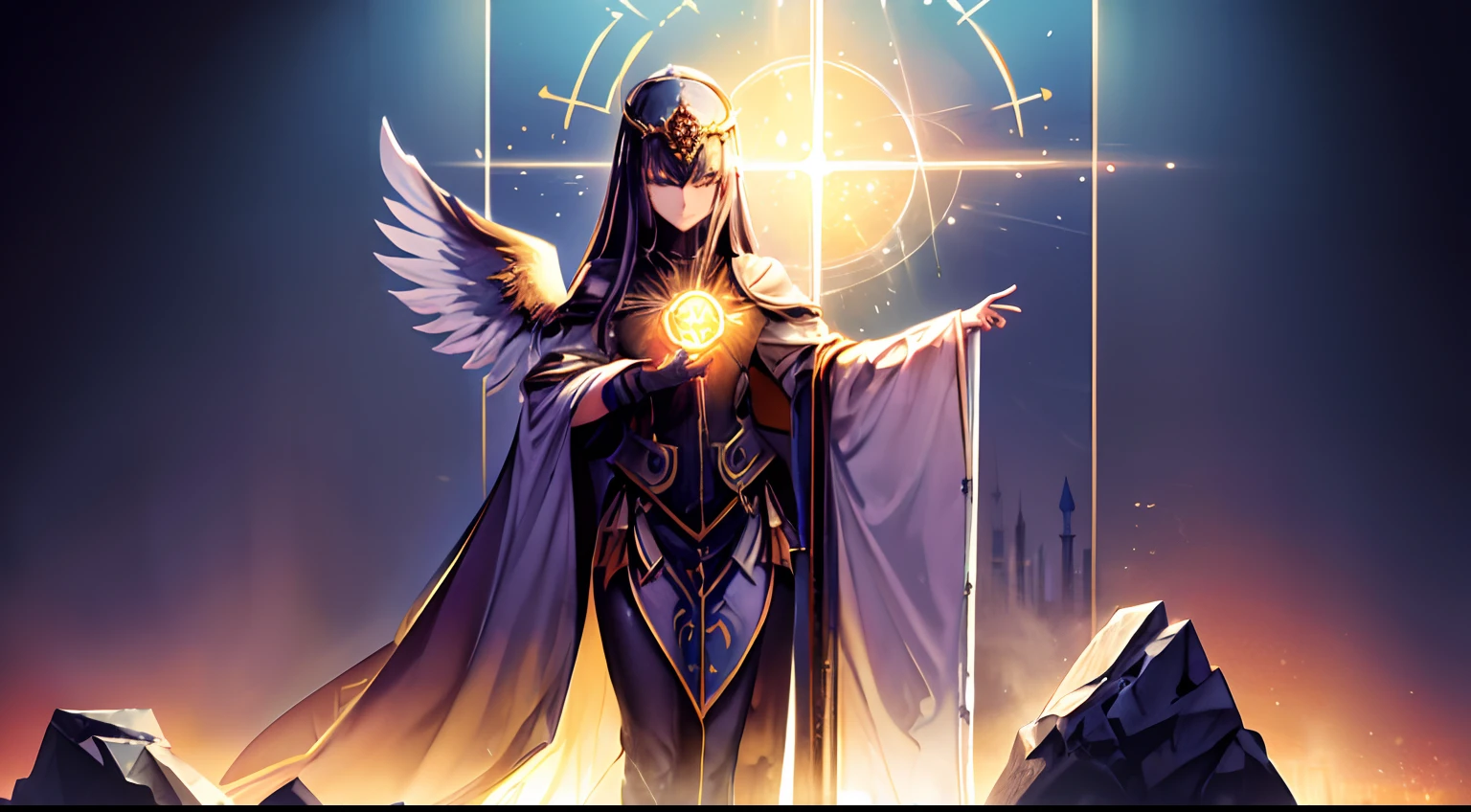 Divine and solemn idols exalt the divine light,Starry sky background
The heir with the sacred symbol bows
Broken buildings、
Hiding in a corner is a distortion of appearance、Fallen people with a dark aura or evil costume,Wallpapers